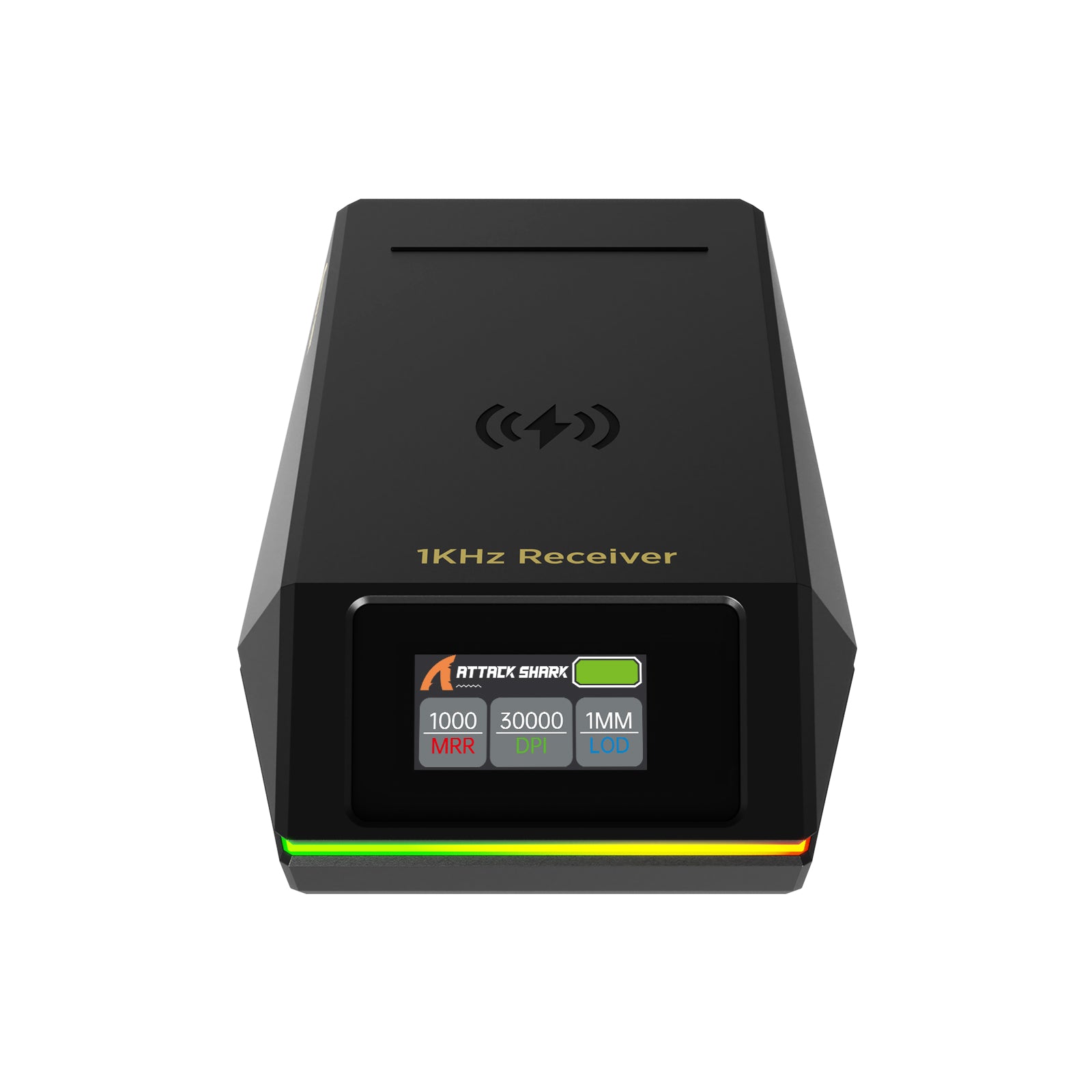 ATTACK SHARK 1KHz receiver charging dock with TFT display showing 1000 MRR, 30000 DPI and 1MM LOD