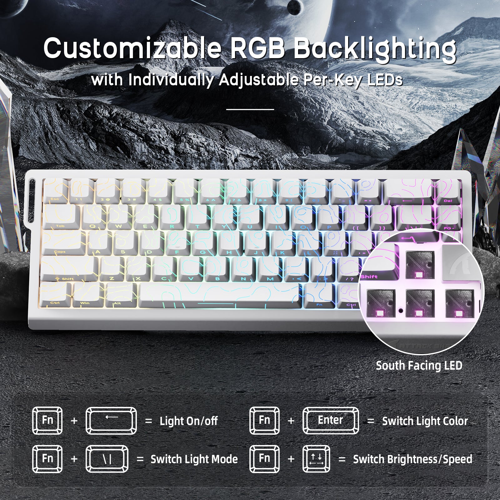 ATTACK SHARK X68HE keyboard with customizable RGB backlighting and individual per-key LEDs, 60% layout.