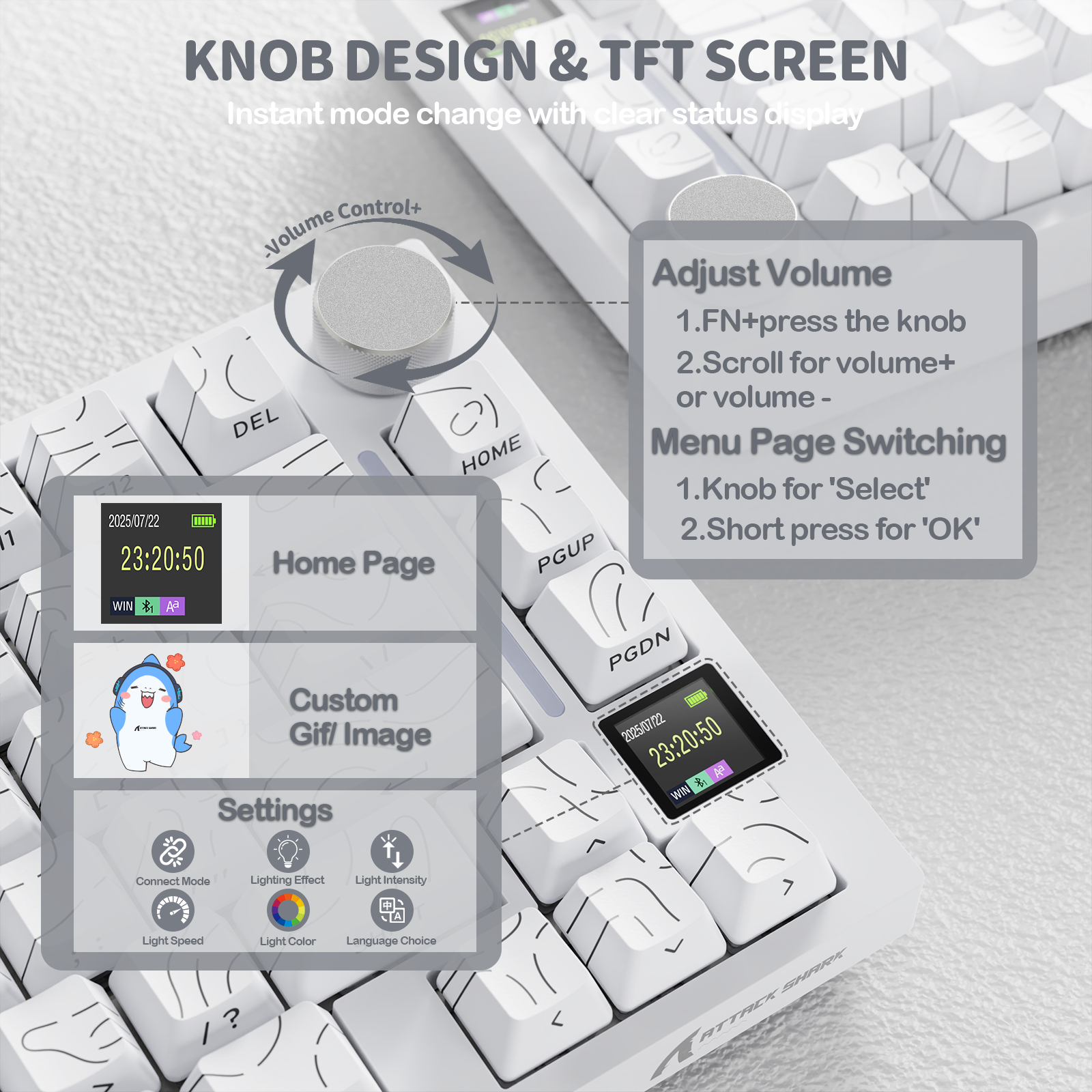 White mechanical keyboard with volume knob, TFT screen, and custom settings for home page, GIF, and lighting.