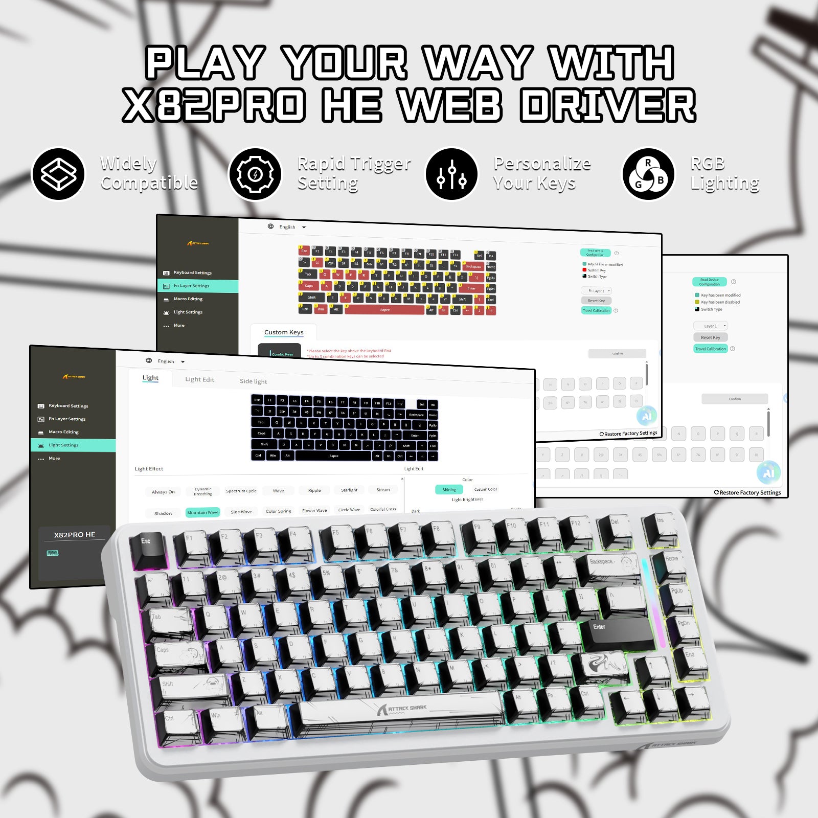 ATTACK SHARK X82PRO HE ワイヤレス ラピッドトリガー ゲーミングキーボード マグネティックスイッチ