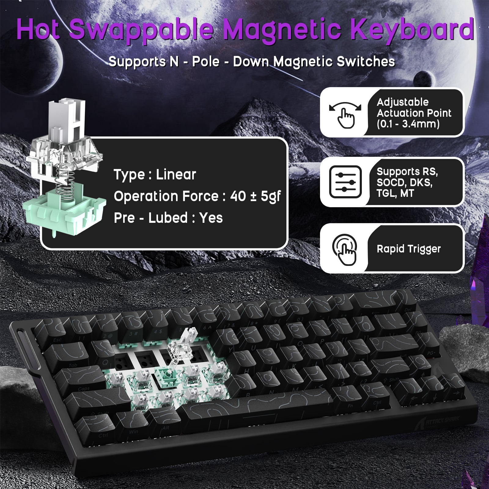 ATTACK SHARK X68HE Magnetic Keyboard with adjustable actuation, black with rapid trigger and hot-swappable switches.