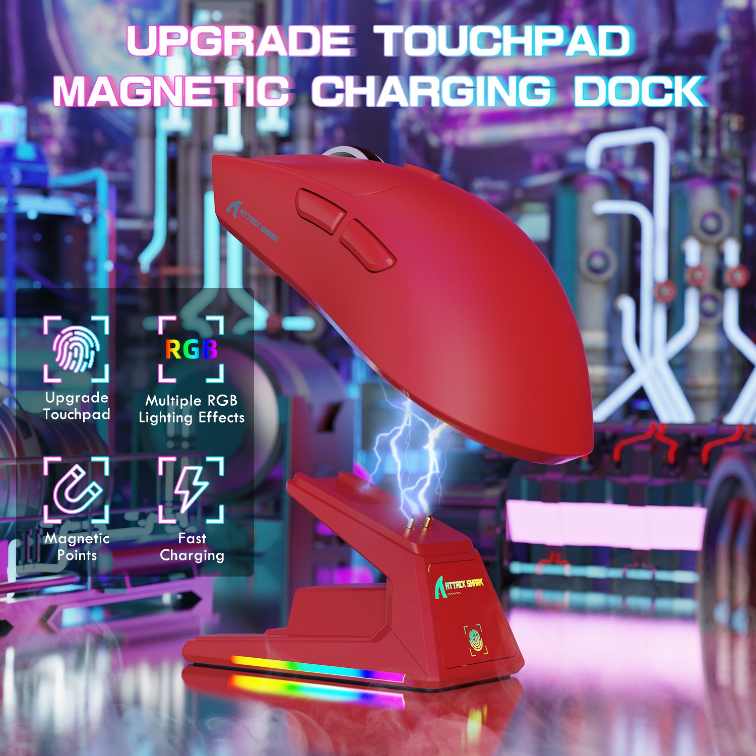 ATTACK SHARK X1 red gaming mouse with magnetic charging dock and RGB lighting