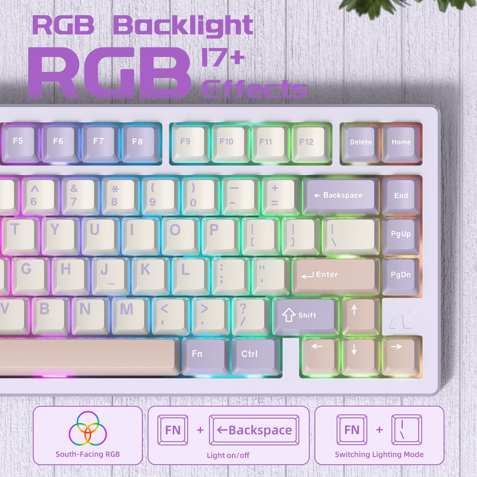 ATTACK SHARK X75 keyboard top view with pastel keycaps and 17+ RGB effects highlighted.