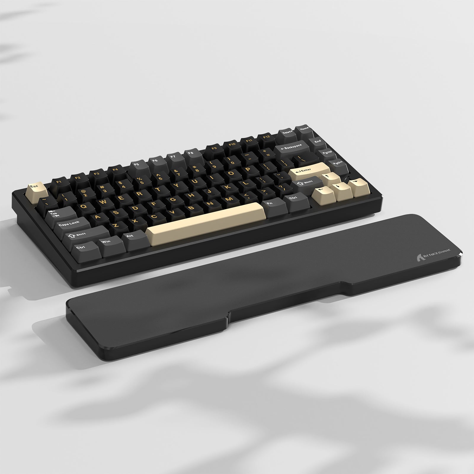 ATTACK SHARK black mechanical keyboard and ergonomic wrist rest, providing wrist support and comfort.