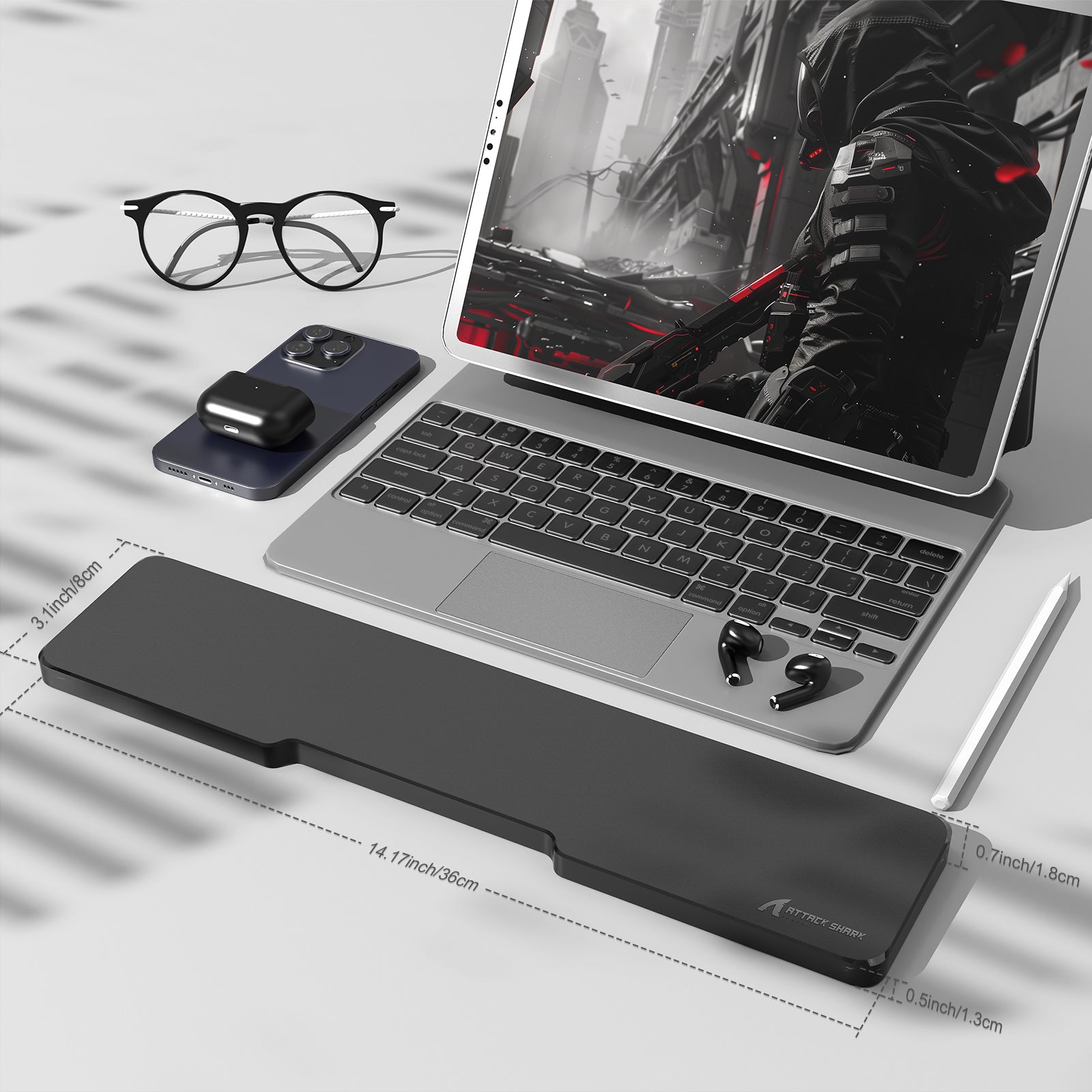 ATTACK SHARK black acrylic wrist rest with keyboard, ergonomic design, including dimensions and devices.