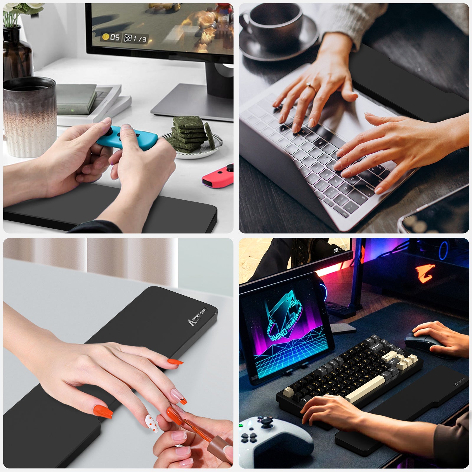 ATTACK SHARK Black Acrylic Wrist Rest in use with keyboard and gaming setups, ergonomic design.