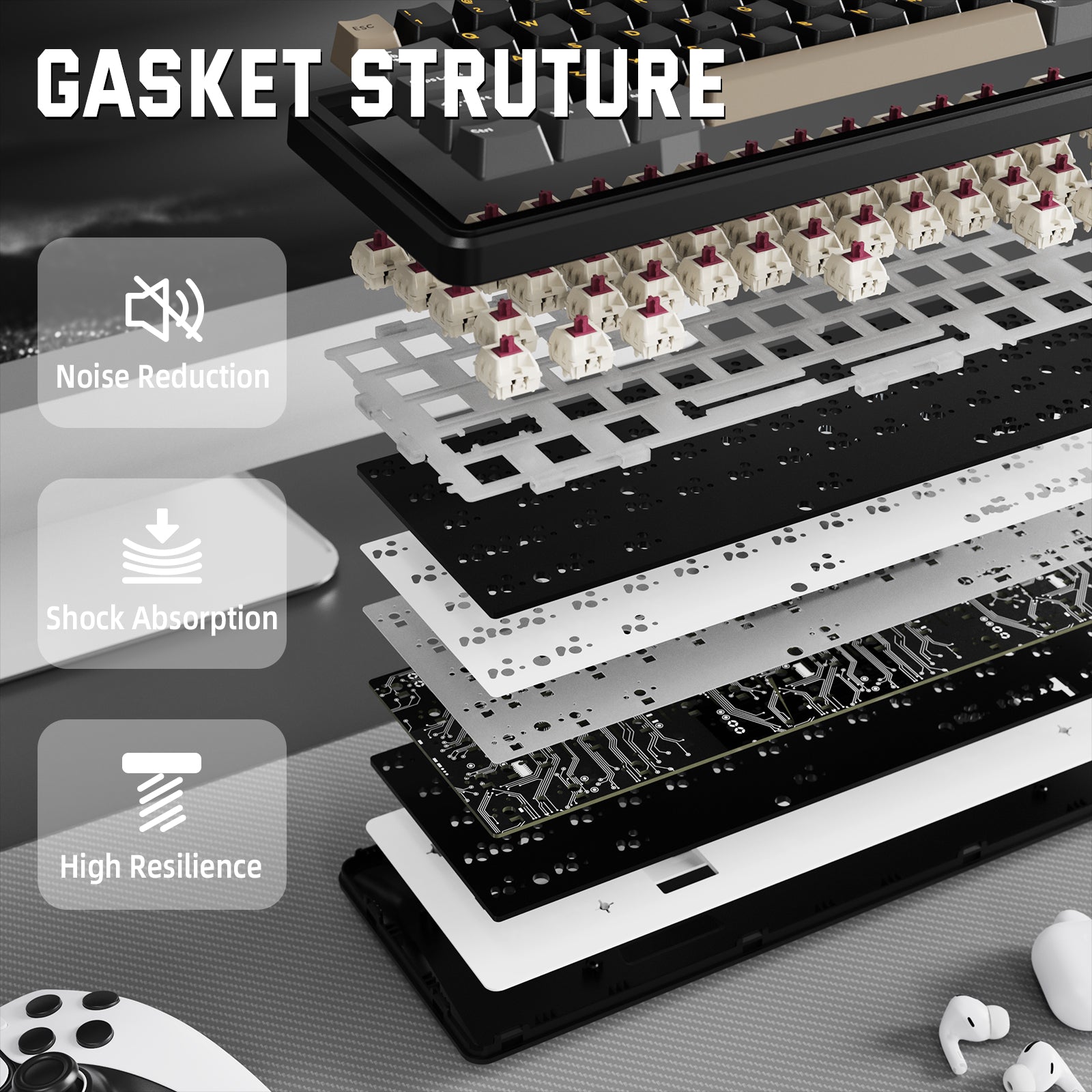 ATTACK SHARK X66 Gasket Structure, showing noise reduction, shock absorption, and high resilience.  Mechanical Keyboard.