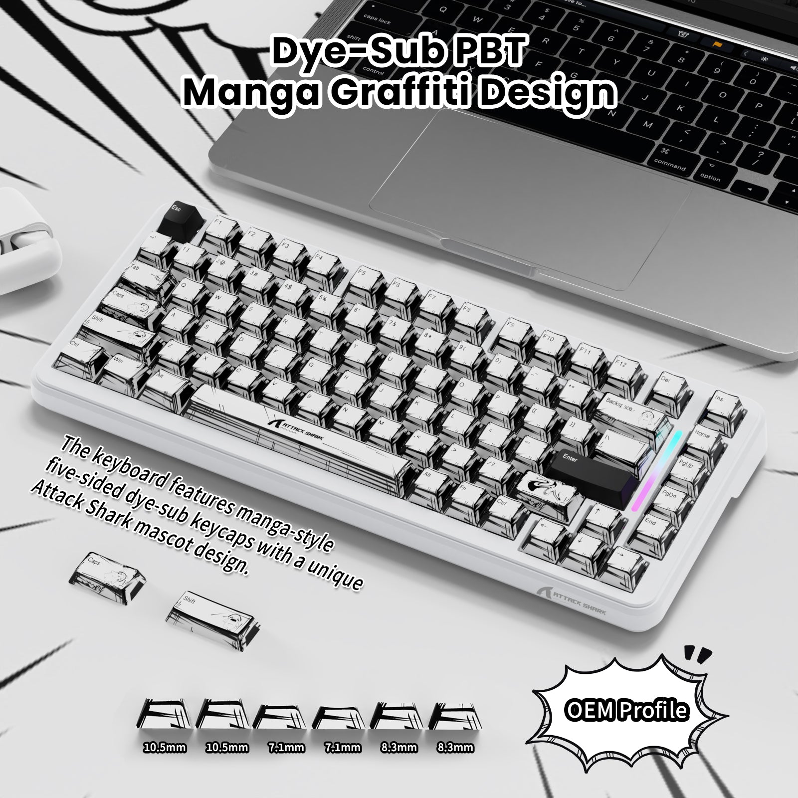 ATTACK SHARK X82PRO HE keyboard with manga graffiti design on white PBT keycaps and OEM profile.