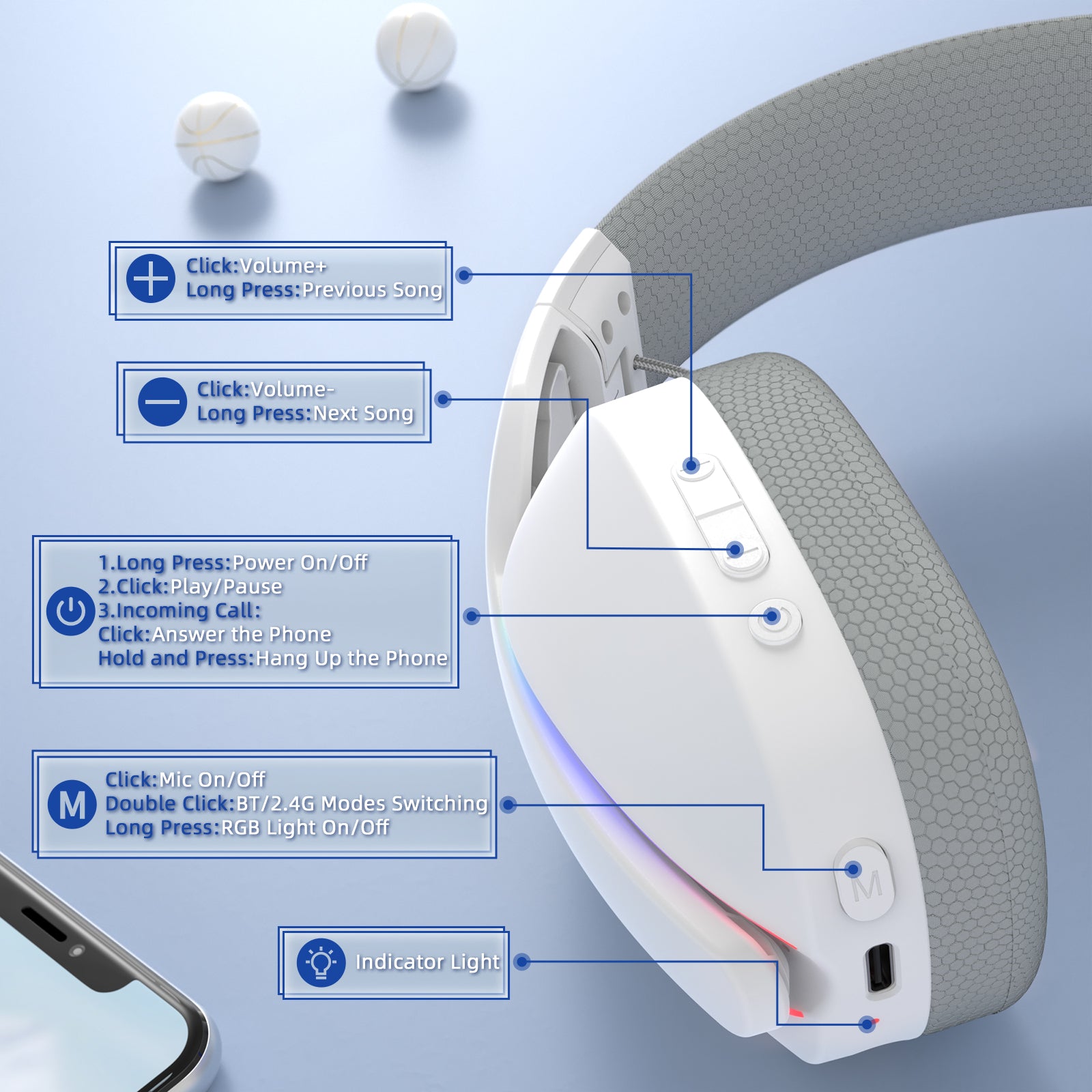 ATTACK SHARK L90 gaming headset control overview: volume, power, mic, RGB lighting, and modes.