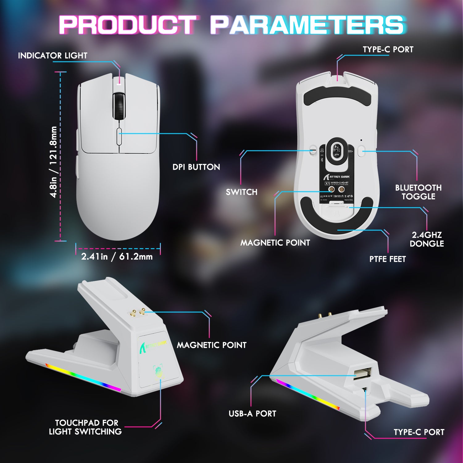 ATTACK SHARK X1 gaming mouse product parameters: White design, touchpad, DPI, and charging dock features
