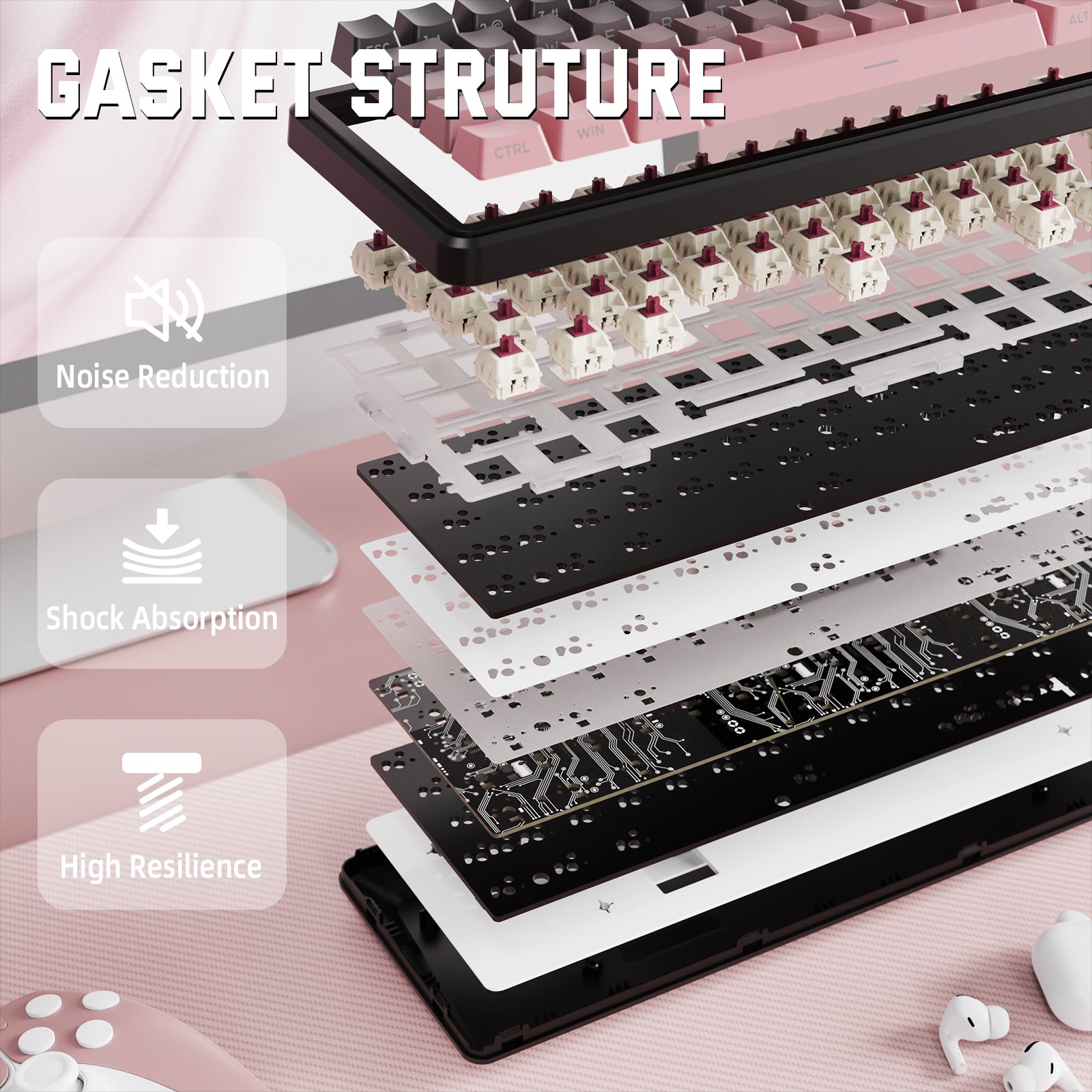 ATTACK SHARK X66 Gasket Structure keyboard with layers showing noise reduction, shock absorption, high resilience