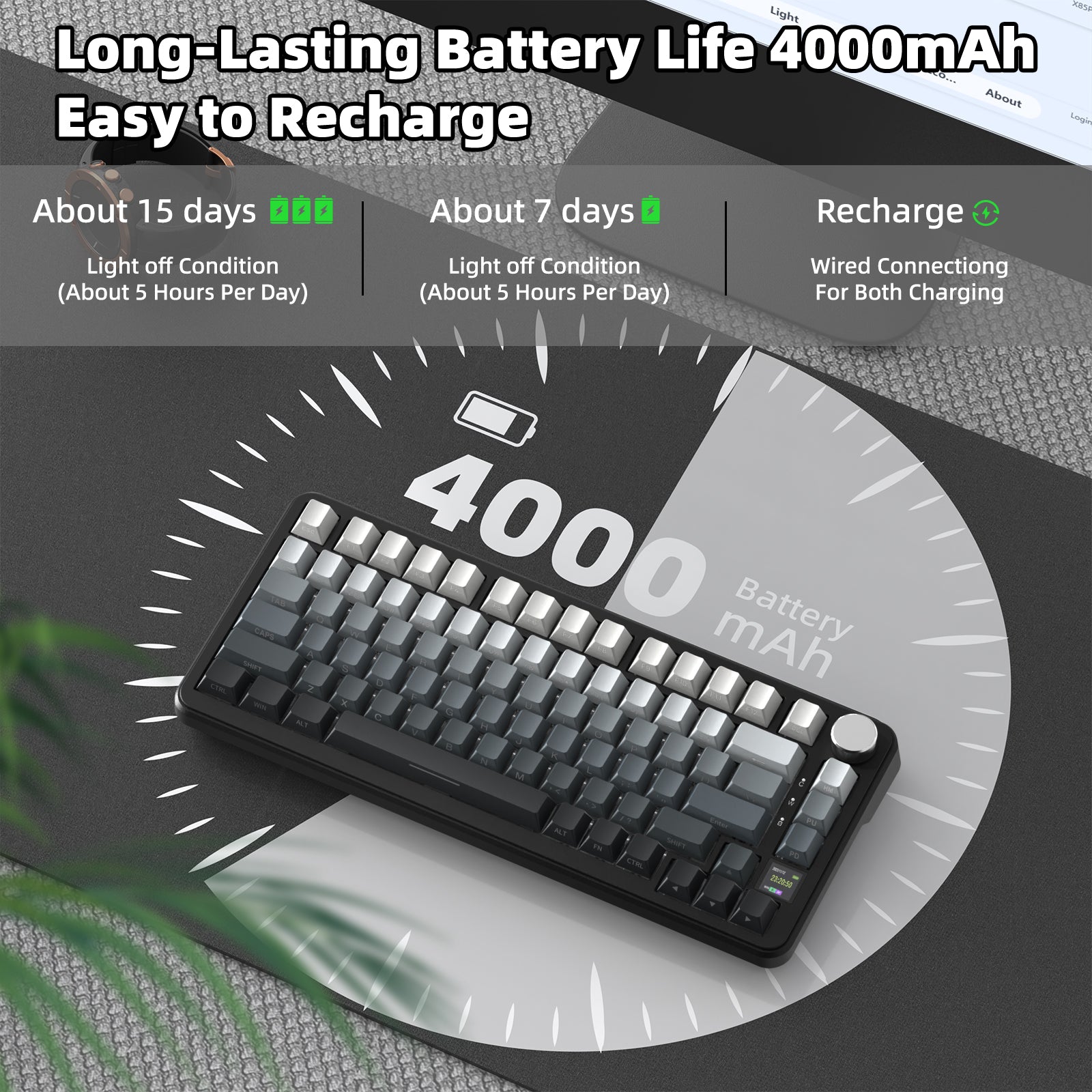 ATTACK SHARK X85PRO mechanical keyboard with long-lasting 4000mAh battery, 15 days usage, USB-C charging, wireless keyboard