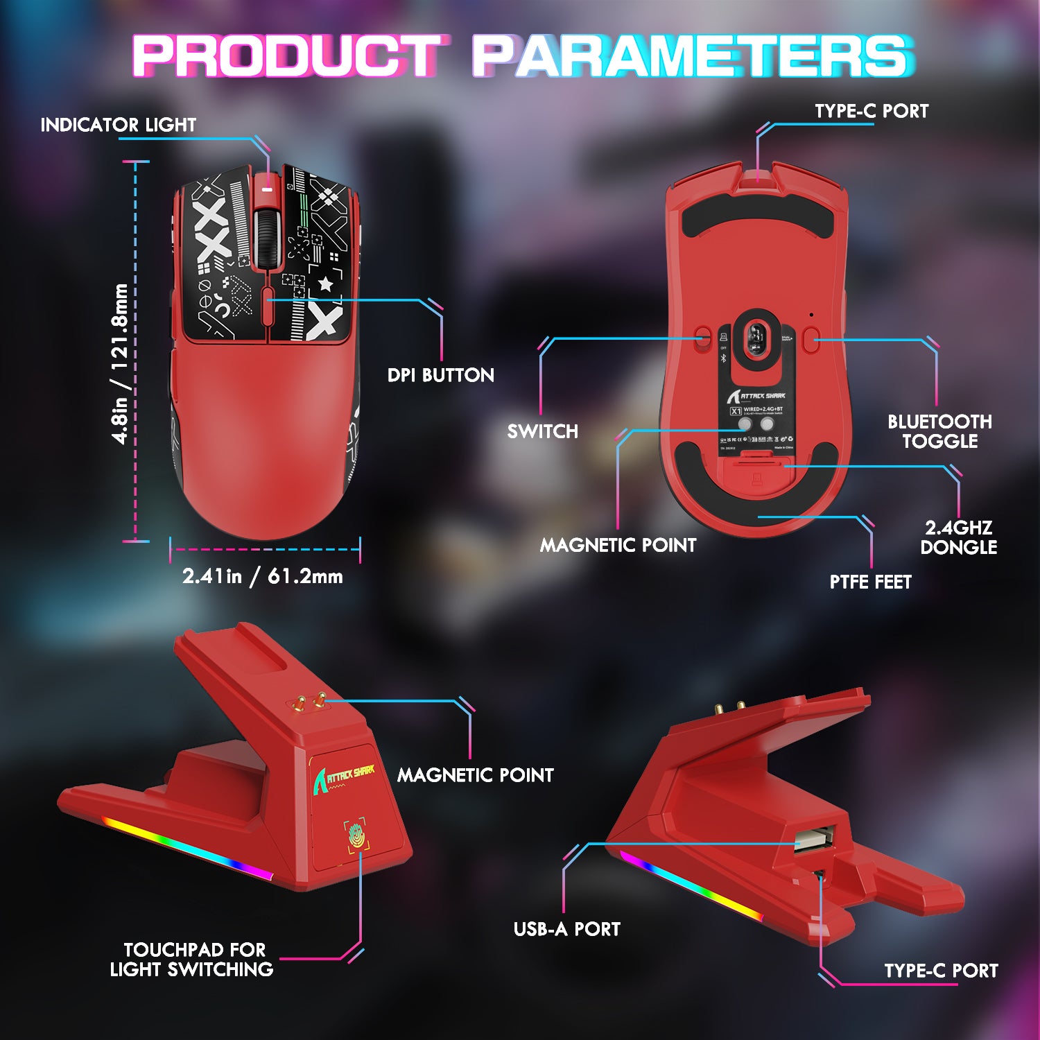 ATTACK SHARK X1 gaming mouse product parameters, red design, touchpad, DPI, and charging dock features.