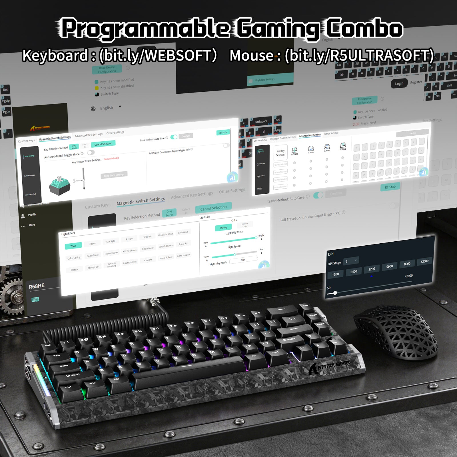 ATTACK SHARK R68 HE & R5 ULTRA carbon fiber gaming bundle with RGB software control.