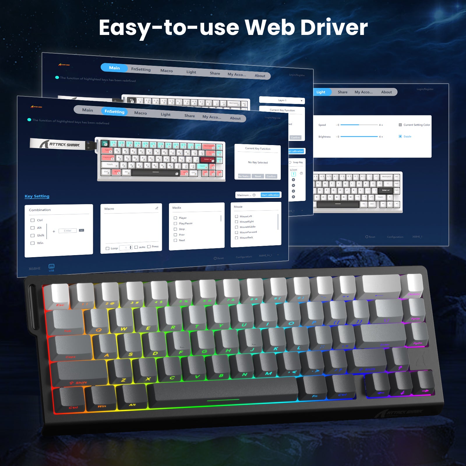 ATTACK SHARK X68 HE keyboard web driver interface showing key customization options and RGB lighting settings.