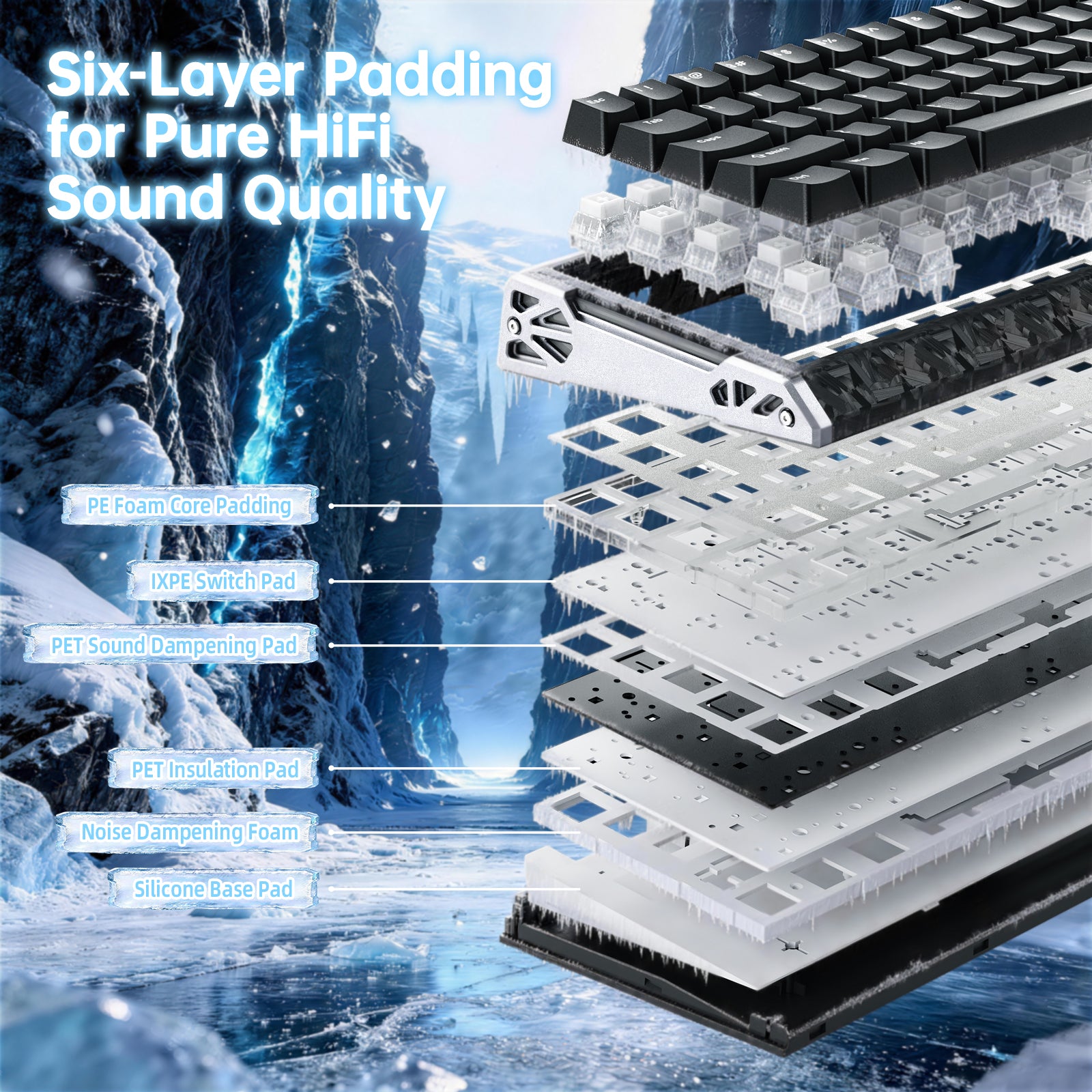 ATTACK SHARK R68 HE carbon fiber keyboard: Six-layer padding for HiFi sound.