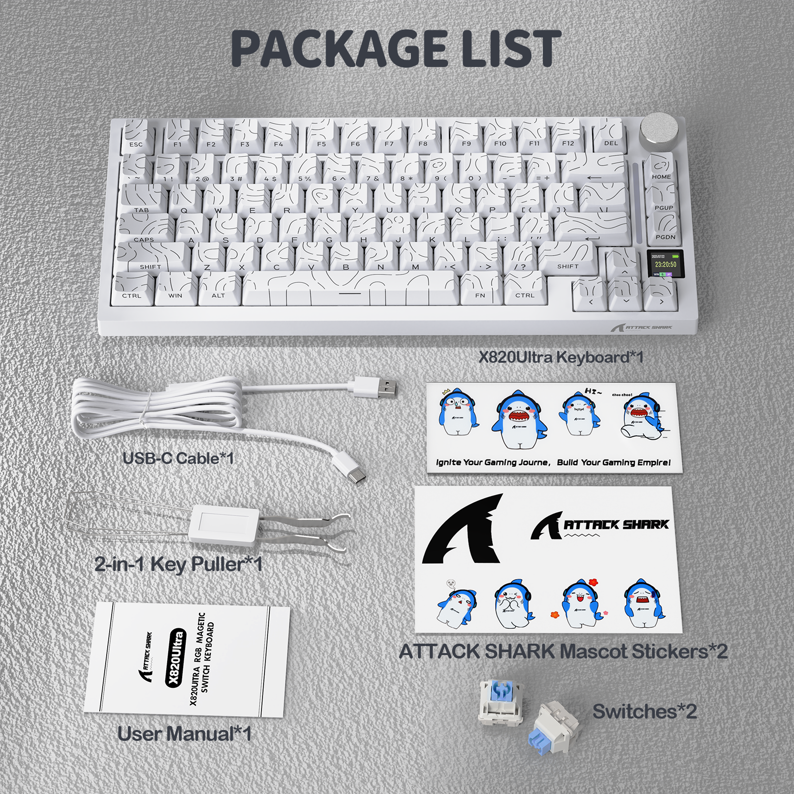 White X820Ultra keyboard, wave keycaps, USB-C cable, key puller, manual, stickers, and switches. "PACKAGE LIST" text.
