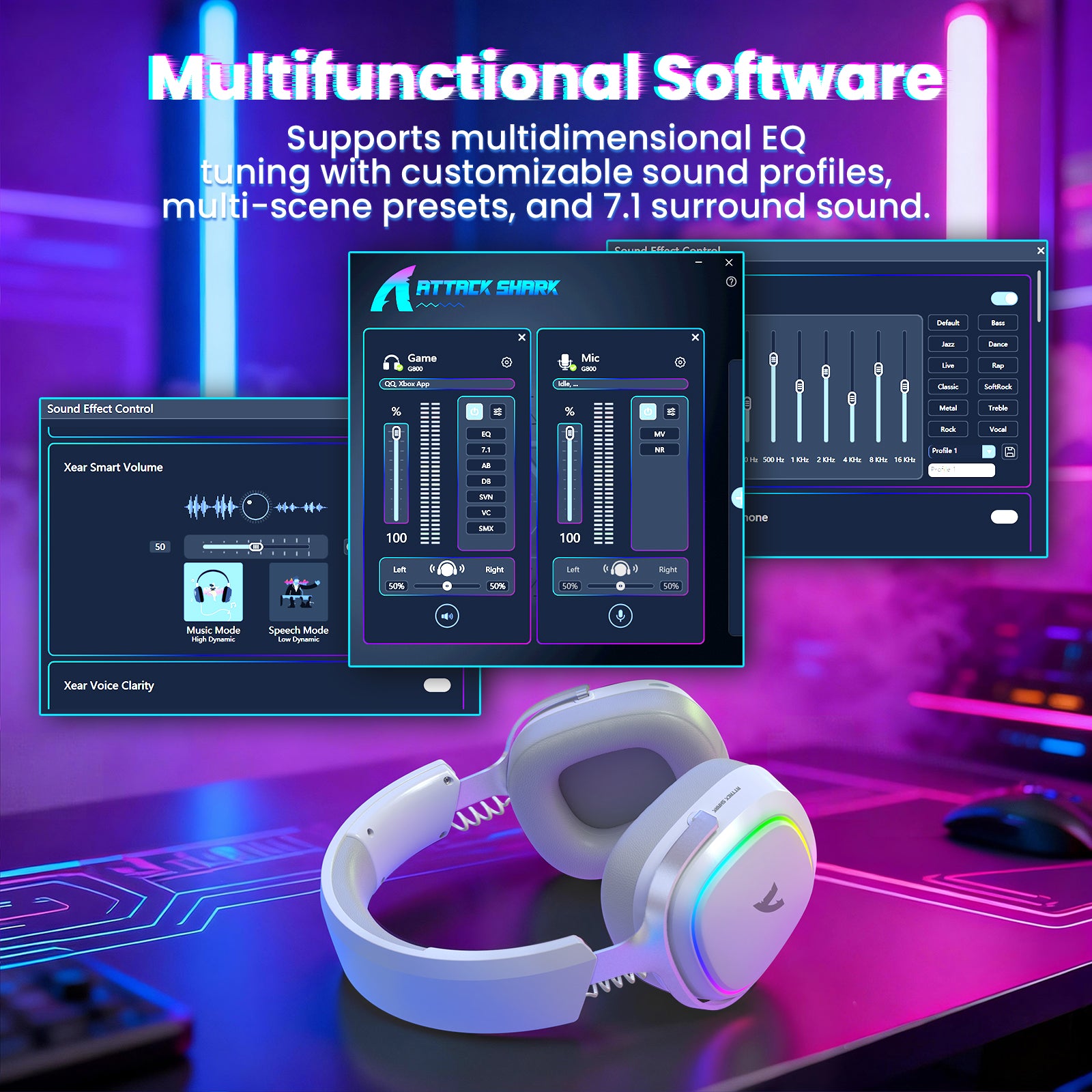 ATTACK SHARK G800 wireless gaming headset with multifunctional software interface showing EQ and mic controls.