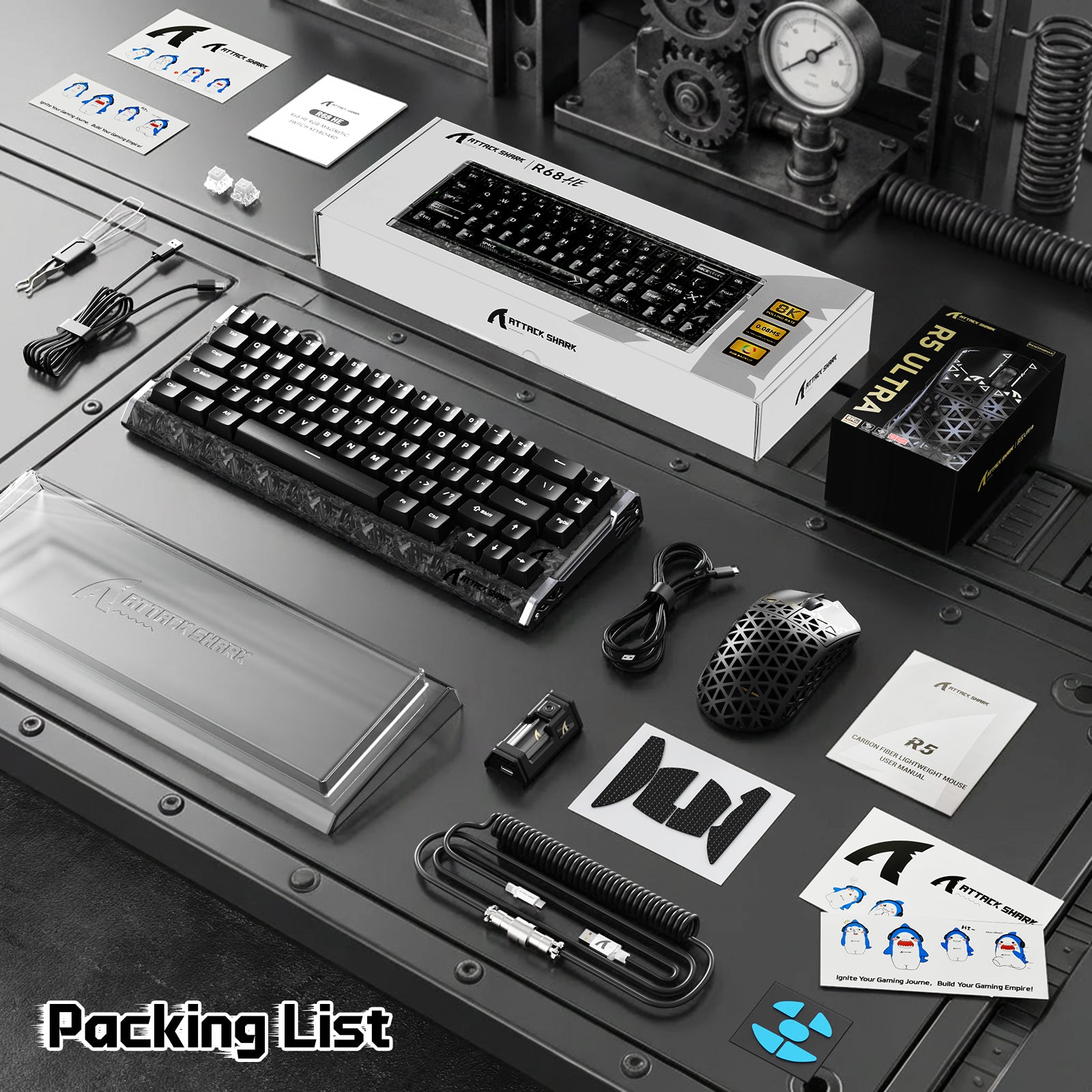 ATTACK SHARK R68 HE & R5 ULTRA carbon fiber gaming bundle contents: keyboard, mouse, accessories.