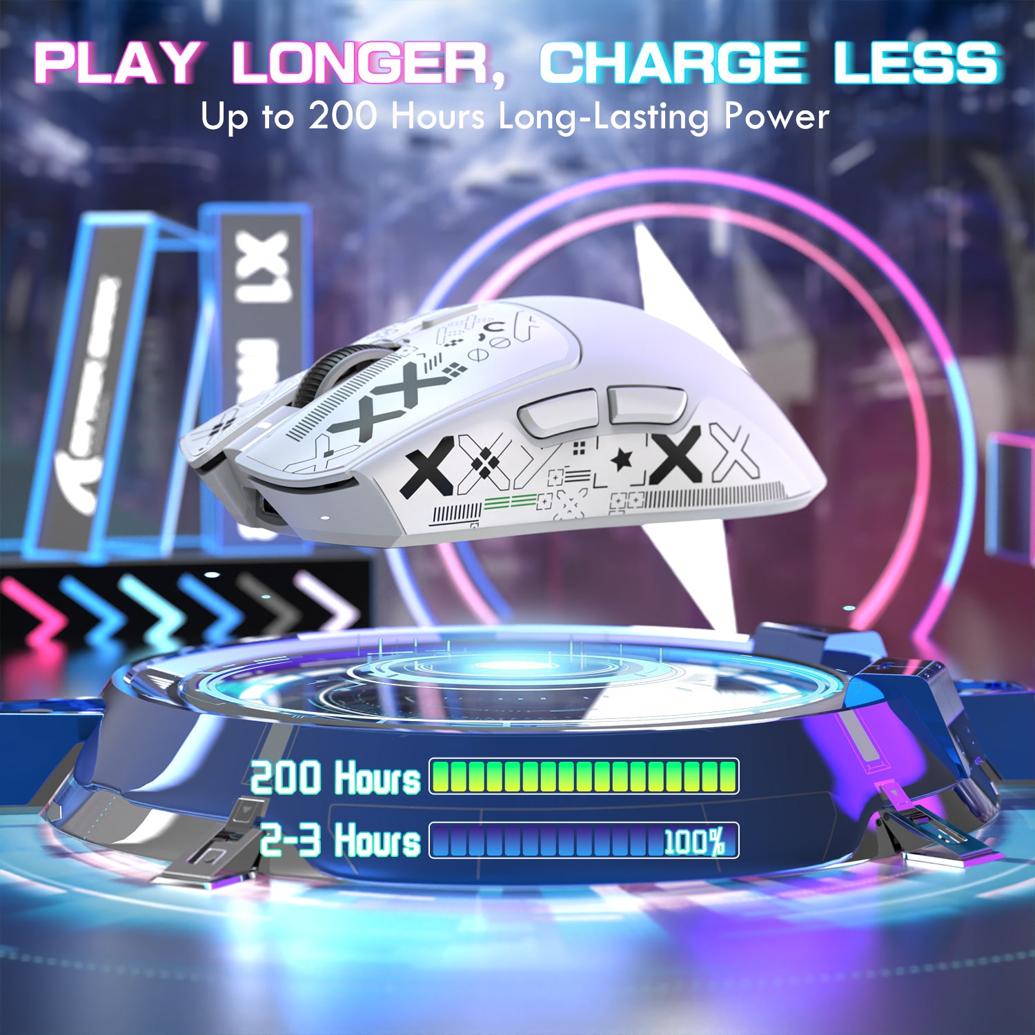 ATTACK SHARK X1 white gaming mouse with long-lasting battery life, shown with charging dock, "Play Longer, Charge Less"