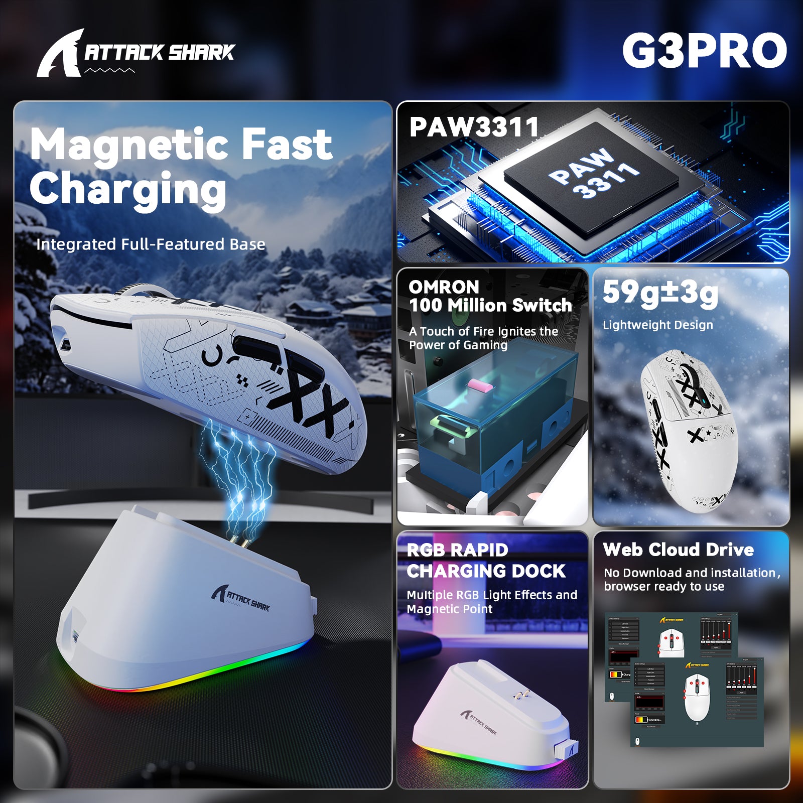 ATTACK SHARK G3PRO トライモードワイヤレスゲーミングマウス 充電ドック付き 25000 DPI 超軽量