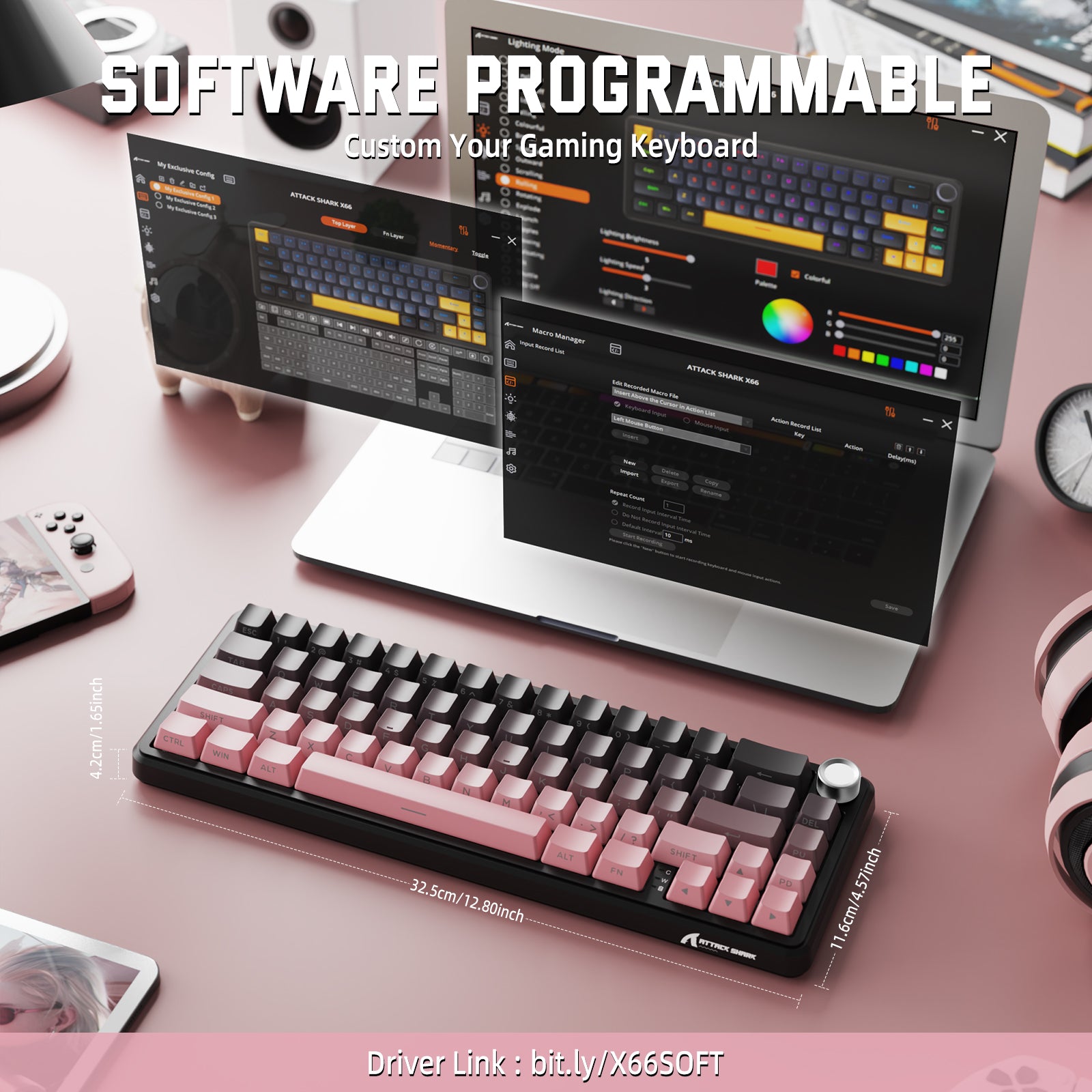 ATTACK SHARK X66 mechanical keyboard, pink and gray keycaps, custom software, and compact design.