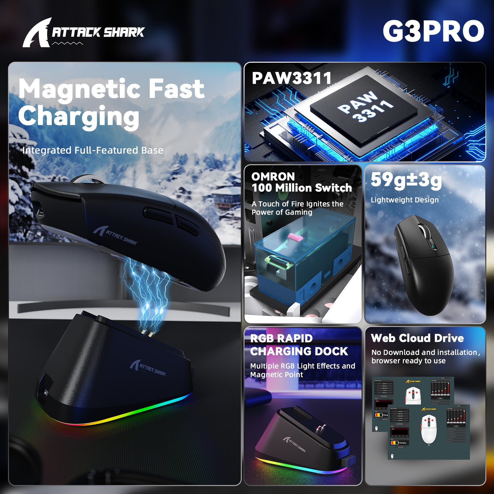 ATTACK SHARK G3PRO トライモードワイヤレスゲーミングマウス 充電ドック付き 25000 DPI 超軽量