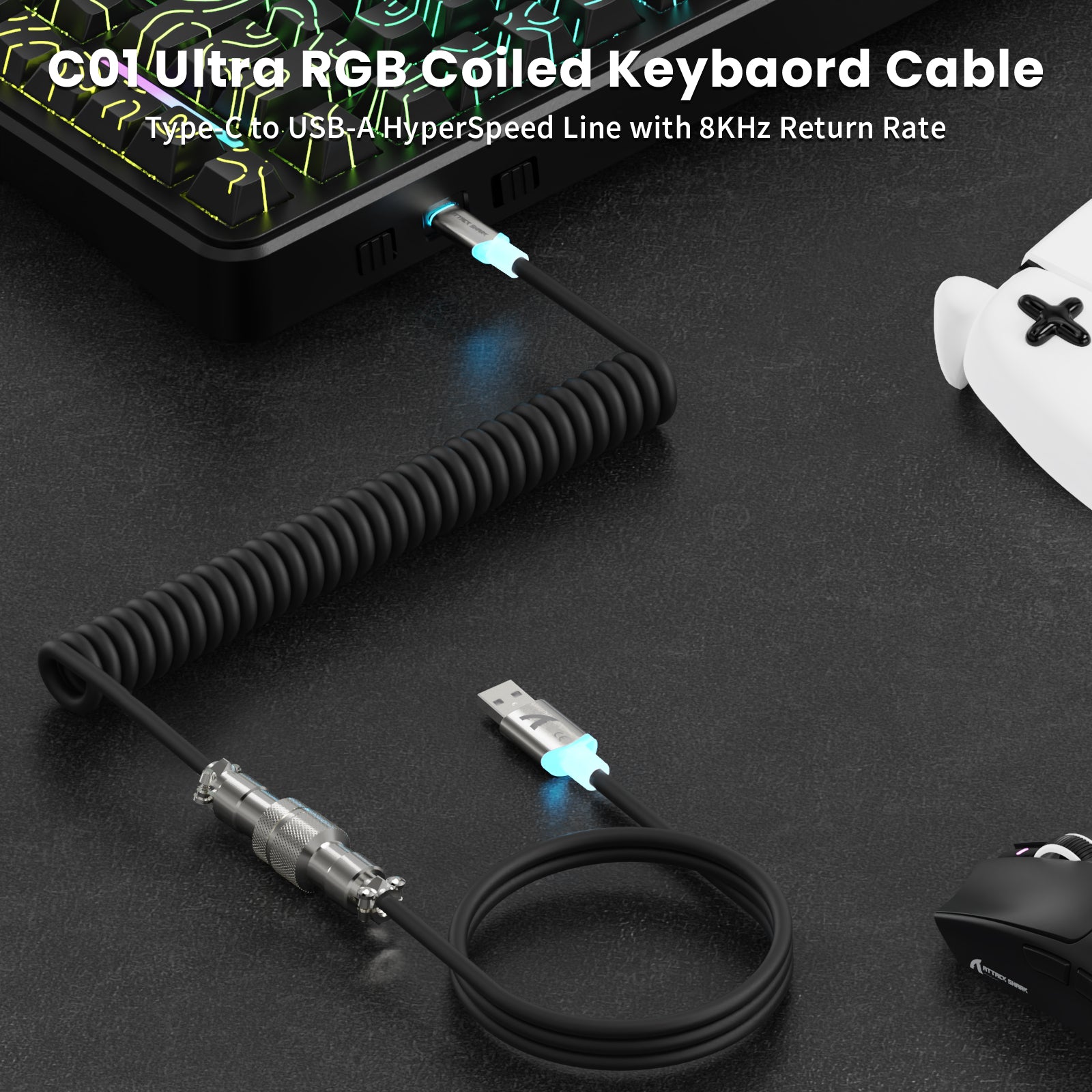 ATTACK SHARK X82PRO HE with C01 Ultra RGB Coiled Cable, 8KHz return rate, USB-A to Type-C