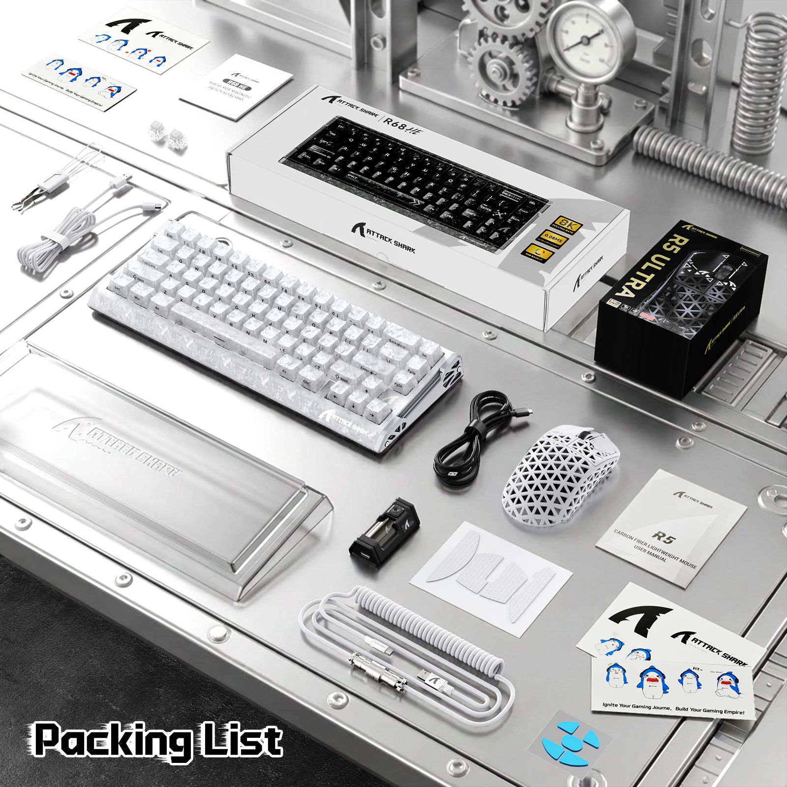 ATTACK SHARK R68 HE keyboard, R5 ULTRA mouse carbon fiber gaming bundle packing list.