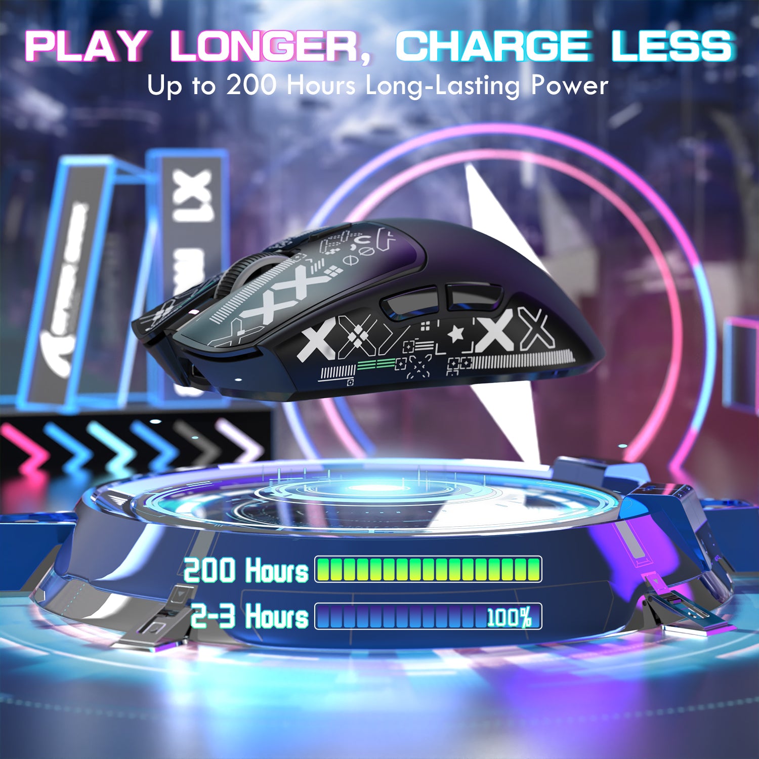 ATTACK SHARK X1 gaming mouse with charging dock, Play Longer, Charge Less, and up to 200 hours battery life.