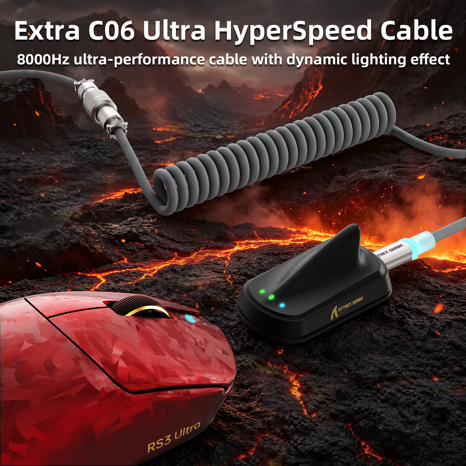 ATTACK SHARK RS3 ULTRA カーボンファイバー ワイヤレス PAW3955MAX ゲーミングマウス C06 Ultra LEDケーブル付き