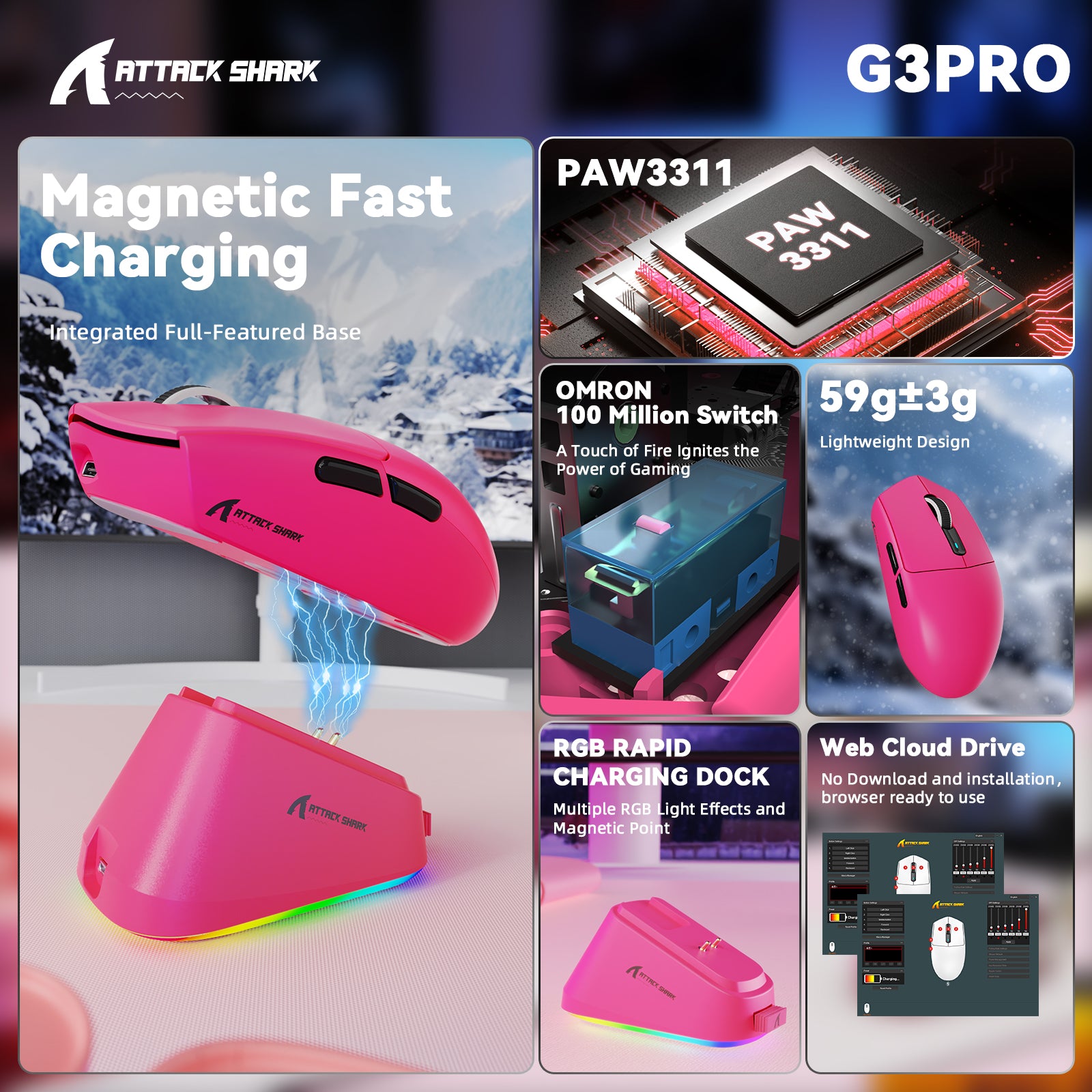 ATTACK SHARK G3PRO トライモードワイヤレスゲーミングマウス 充電ドック付き 25000 DPI 超軽量