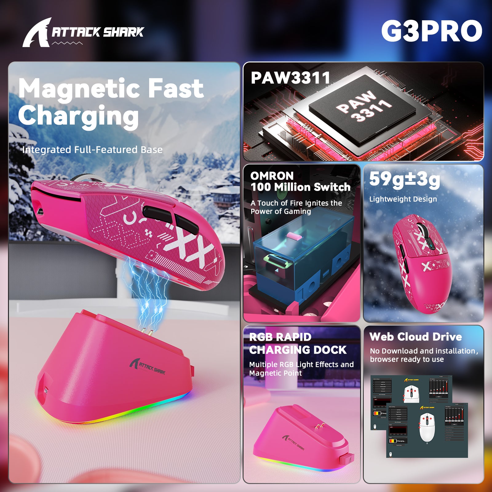 ATTACK SHARK G3PRO トライモードワイヤレスゲーミングマウス 充電ドック付き 25000 DPI 超軽量