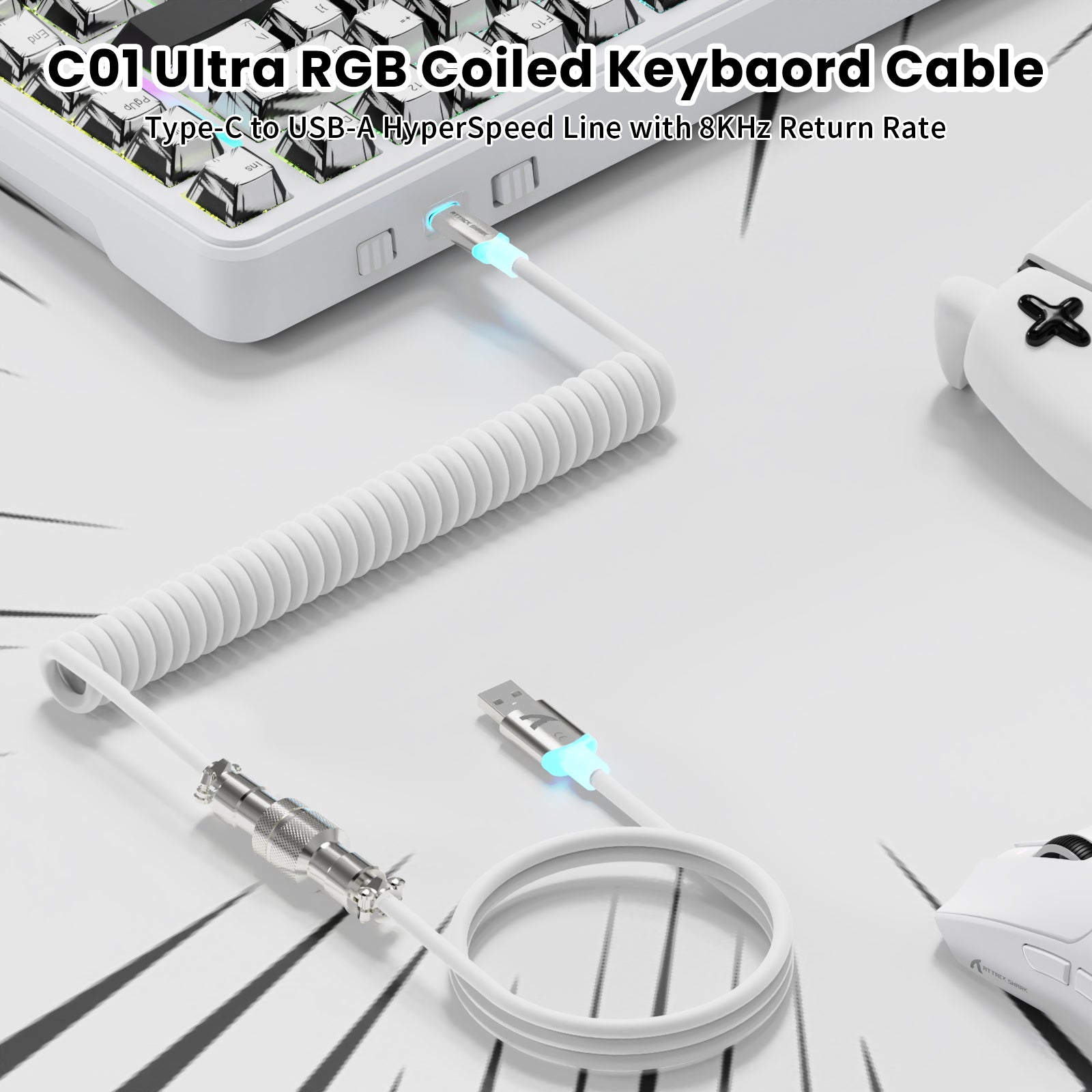ATTACK SHARK X82PRO HE C01 Ultra RGB coiled cable connecting to the keyboard and USB-A port, 8KHz return rate.