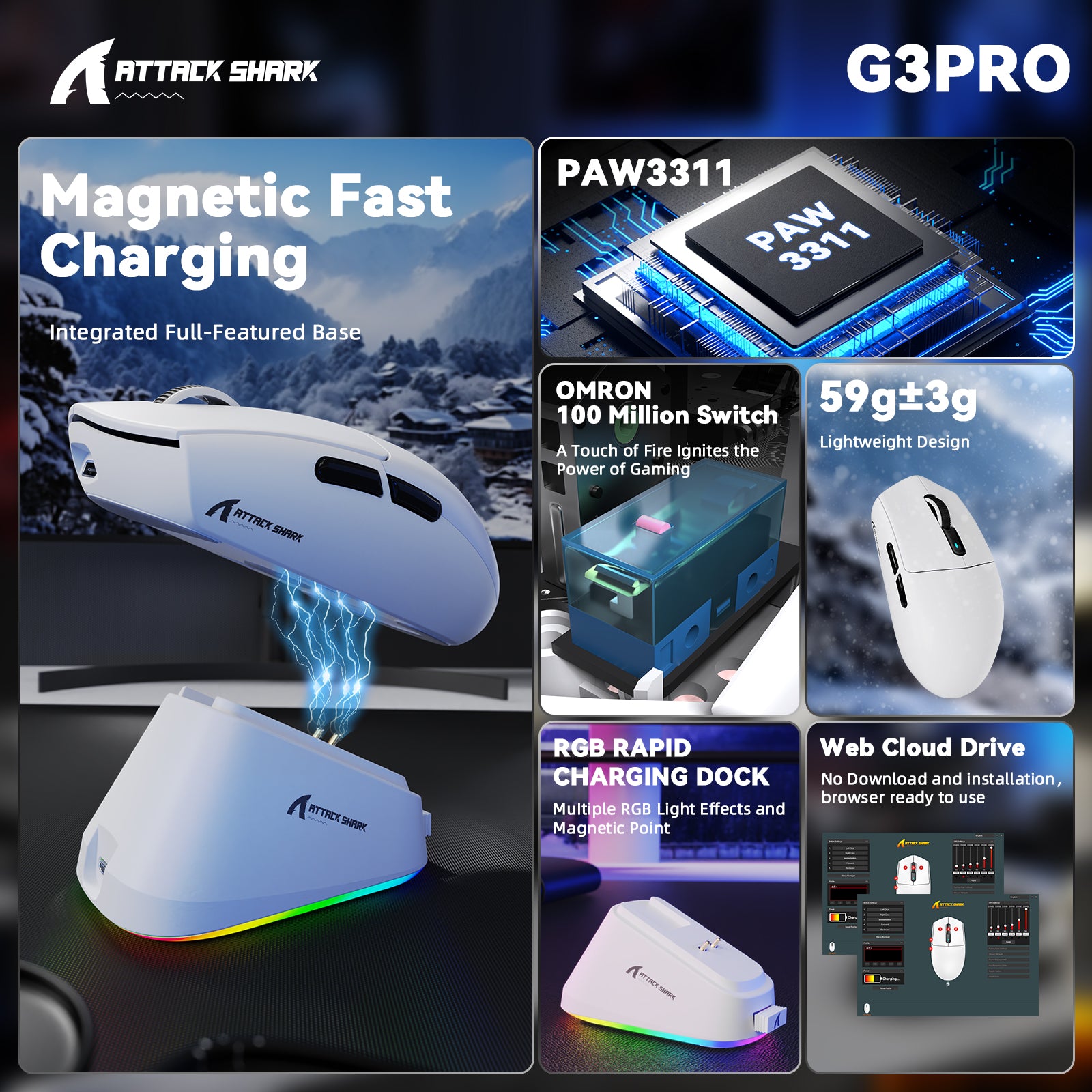 ATTACK SHARK G3PRO トライモードワイヤレスゲーミングマウス 充電ドック付き 25000 DPI 超軽量