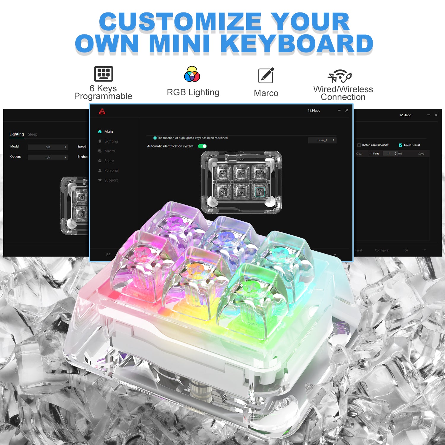 Customizable mini keyboard with vibrant RGB lighting and programming software interface.