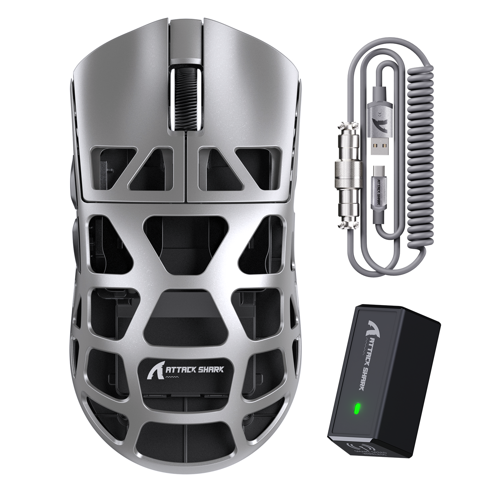 Silver honeycomb wireless gaming mouse with magnetic charging cable and receiver