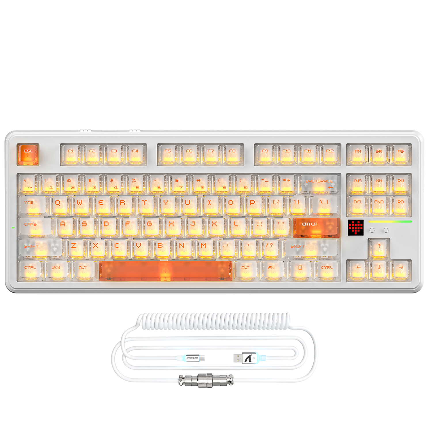 ATTACK SHARK X87 ULTRA white translucent gaming keyboard with RGB lighting and 8KHz coiled cable