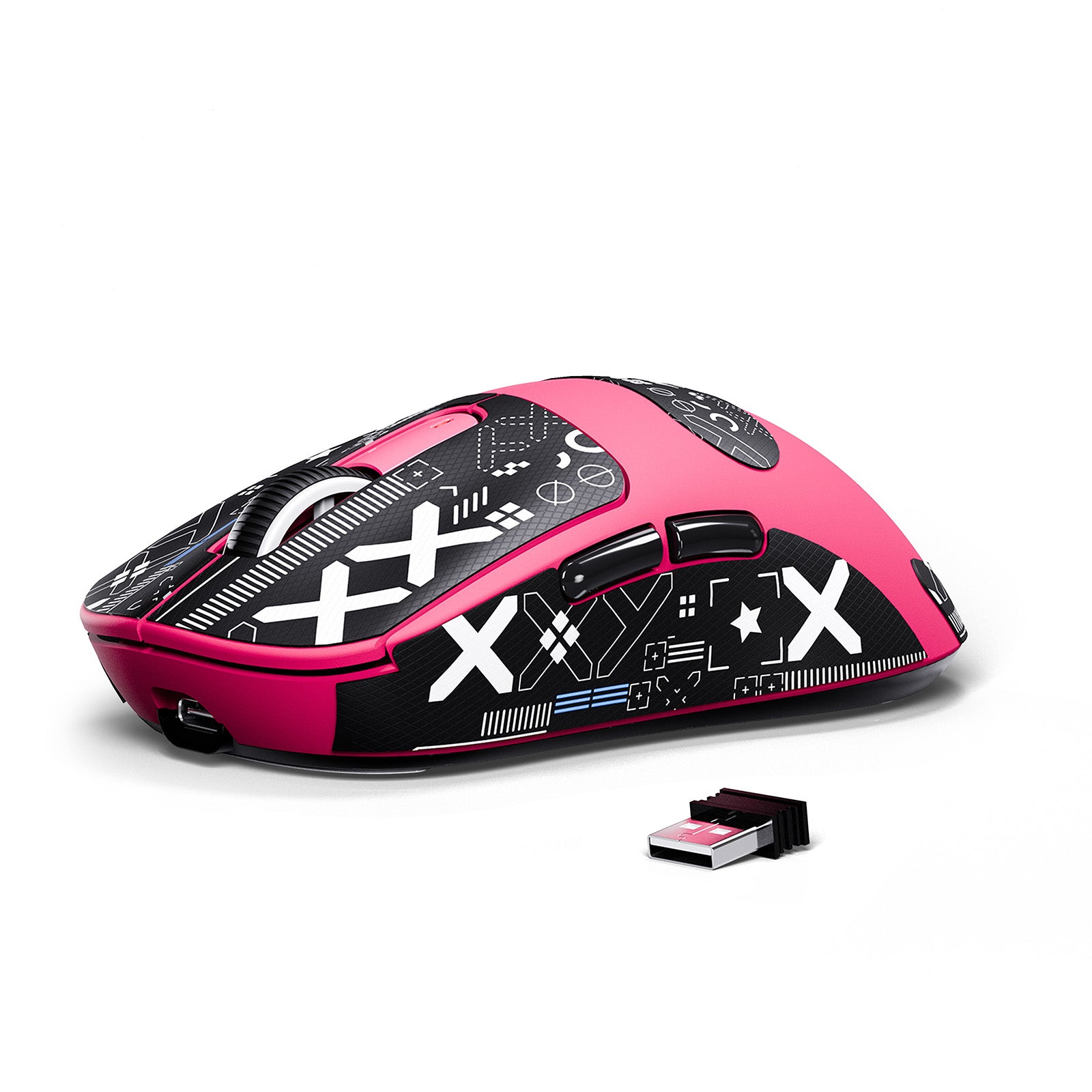 ATTACK SHARK X3 Wireless Gaming Mouse in pink with graphic design and USB receiver
