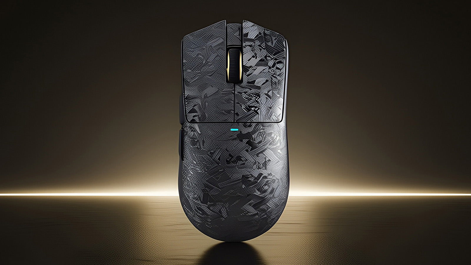 Attack Shark gaming mouse with a grey forged carbon fiber pattern on a gold background.