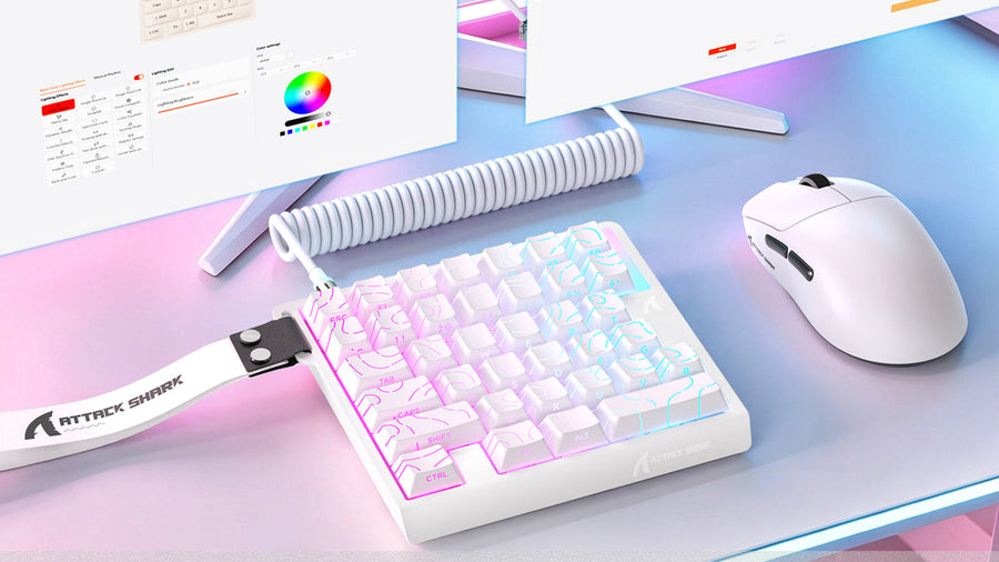 ATTACK SHARK white RGB mechanical keyboard with wrist strap and white gaming mouse on a clean desktop setup