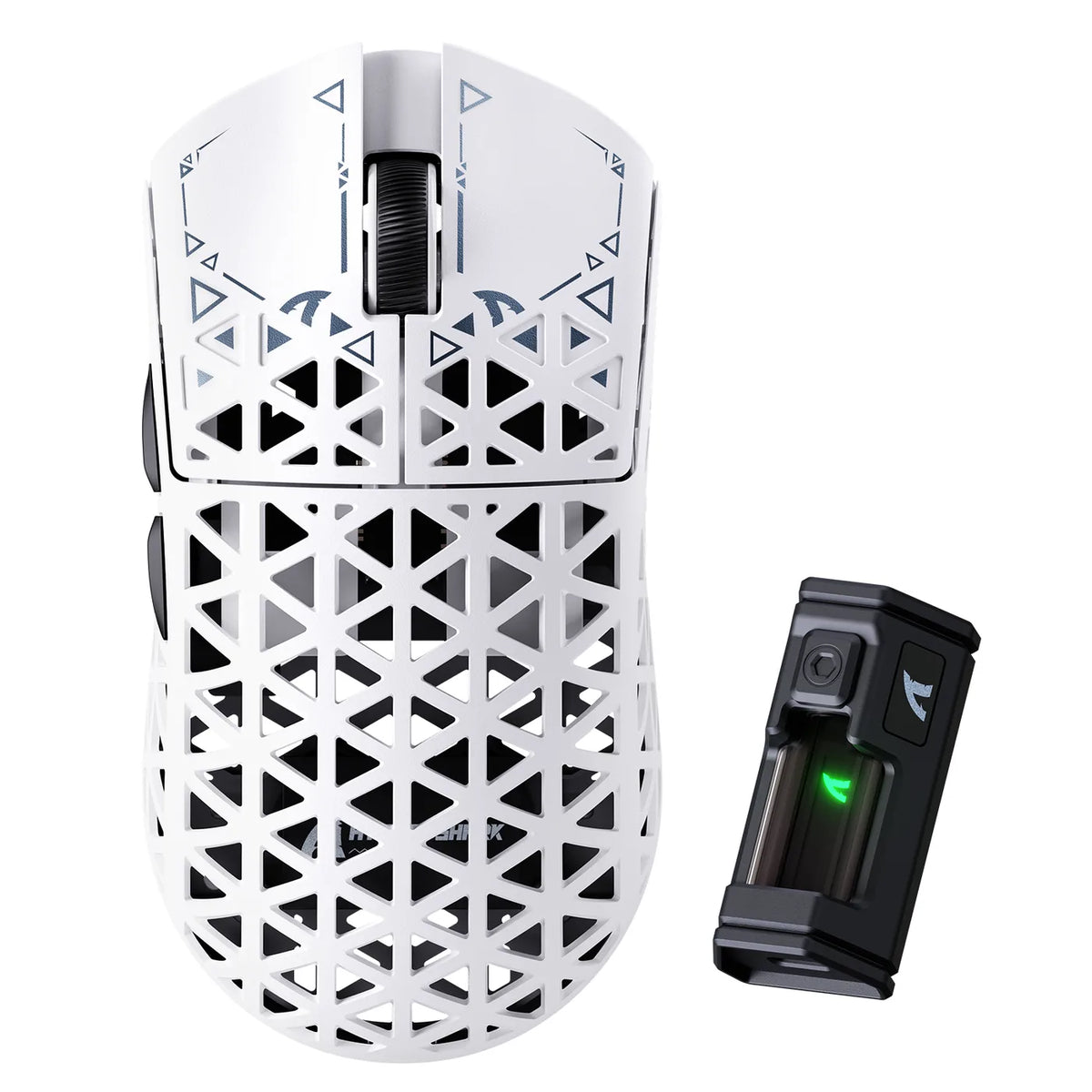White ATTACK SHARK R5 Ultra gaming mouse with a lattice carbon shell shown next to its wireless receiver