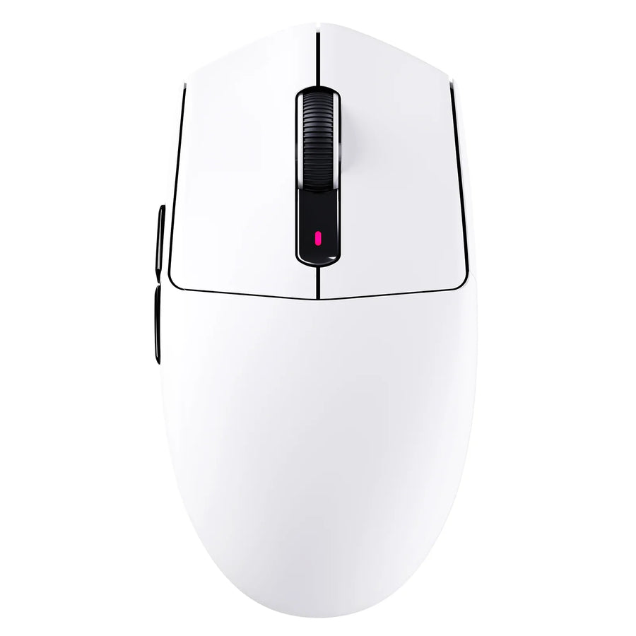 Wireless gaming mouse positioned on a clean gaming desk beside a mouse pad