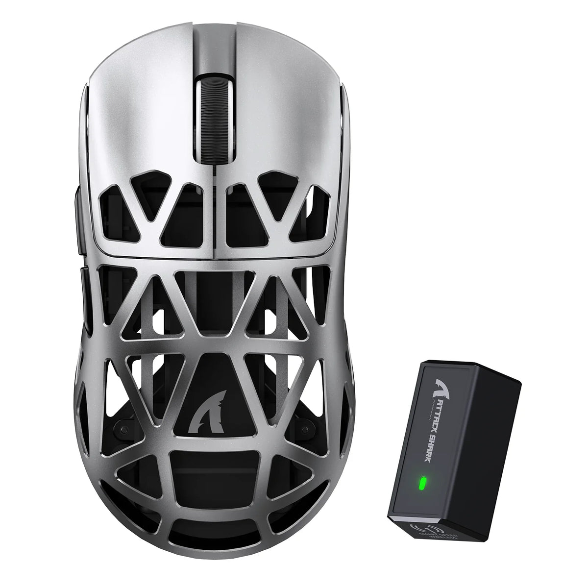 Gaming mouse with its wireless receiver arranged on a clean desktop