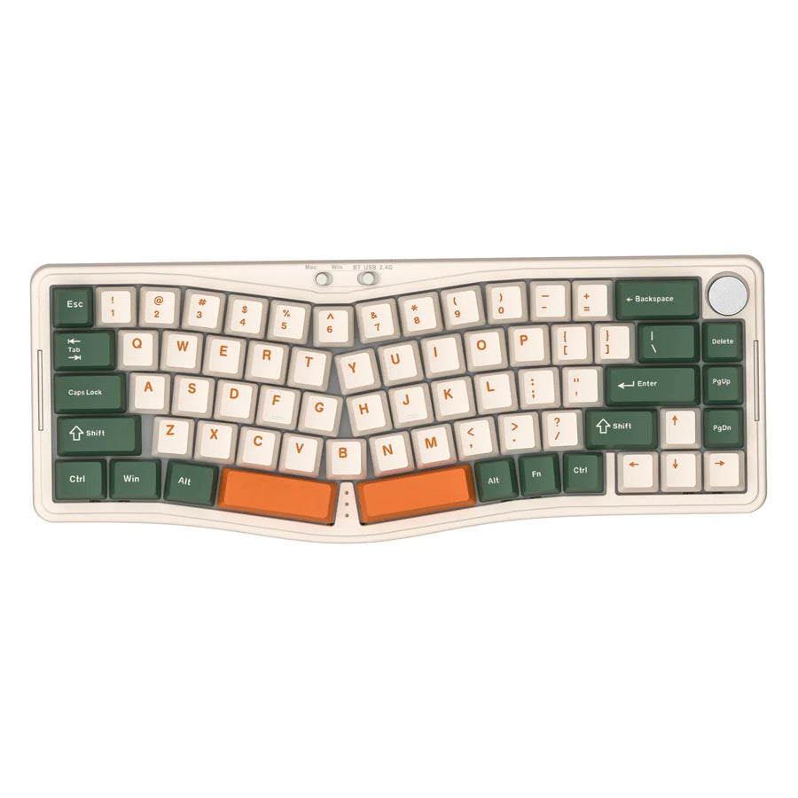Ergonomic mechanical keyboard arranged on a desktop with colorful keycaps and a rotary control visible