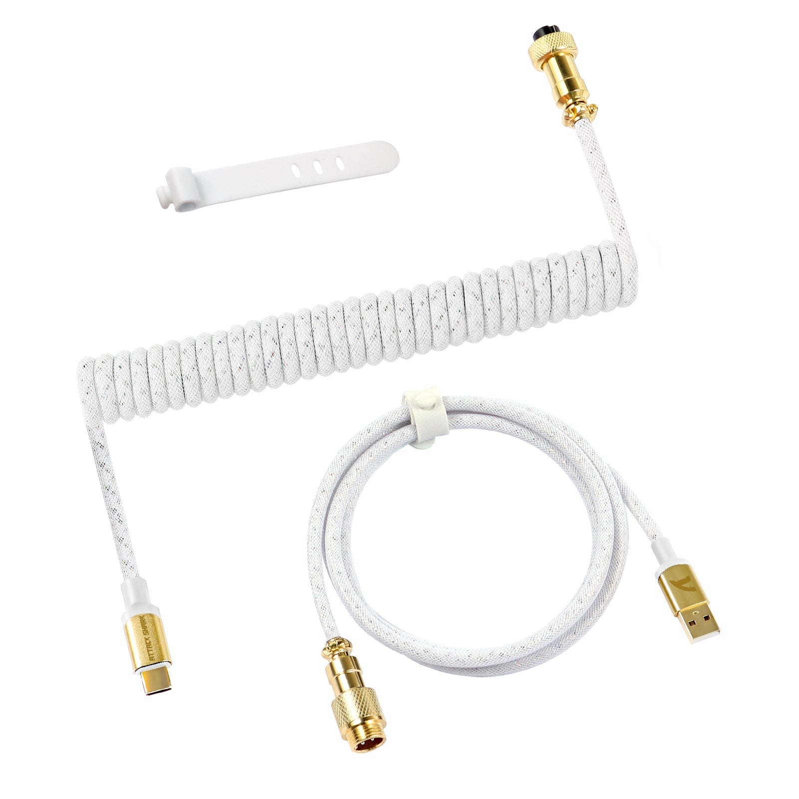 C03 coiled USB-C keyboard cable with gold connectors and white tangle-resistant design