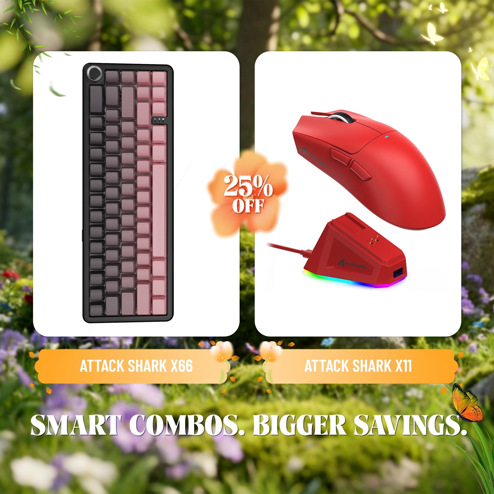 Attack Shark X66 Wireless Mechanical Keyboard and X11 Wireless Gaming Mouse combo, 25% off.