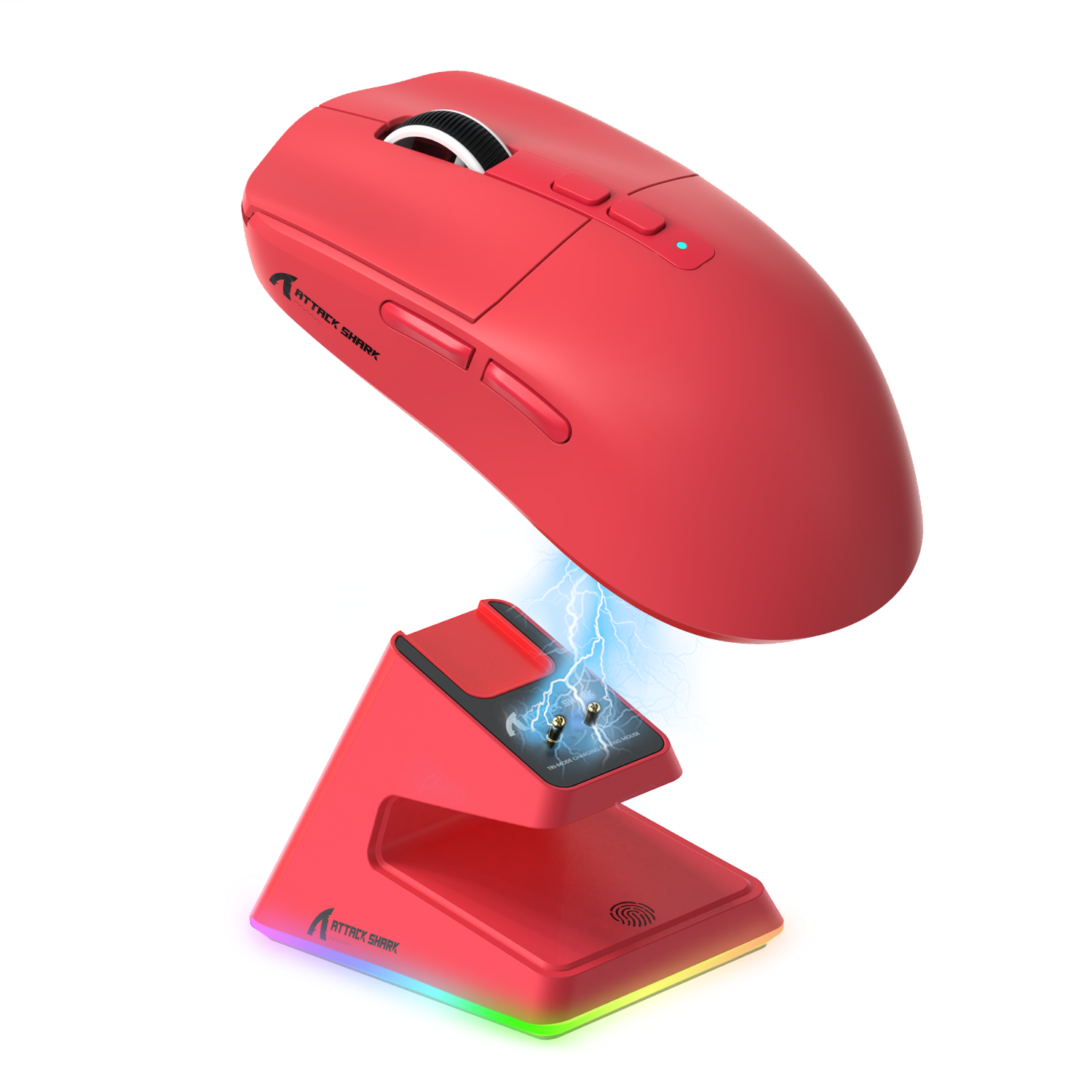 Red Attack Shark X6 ultra-light gaming mouse above RGB charging dock with light effects