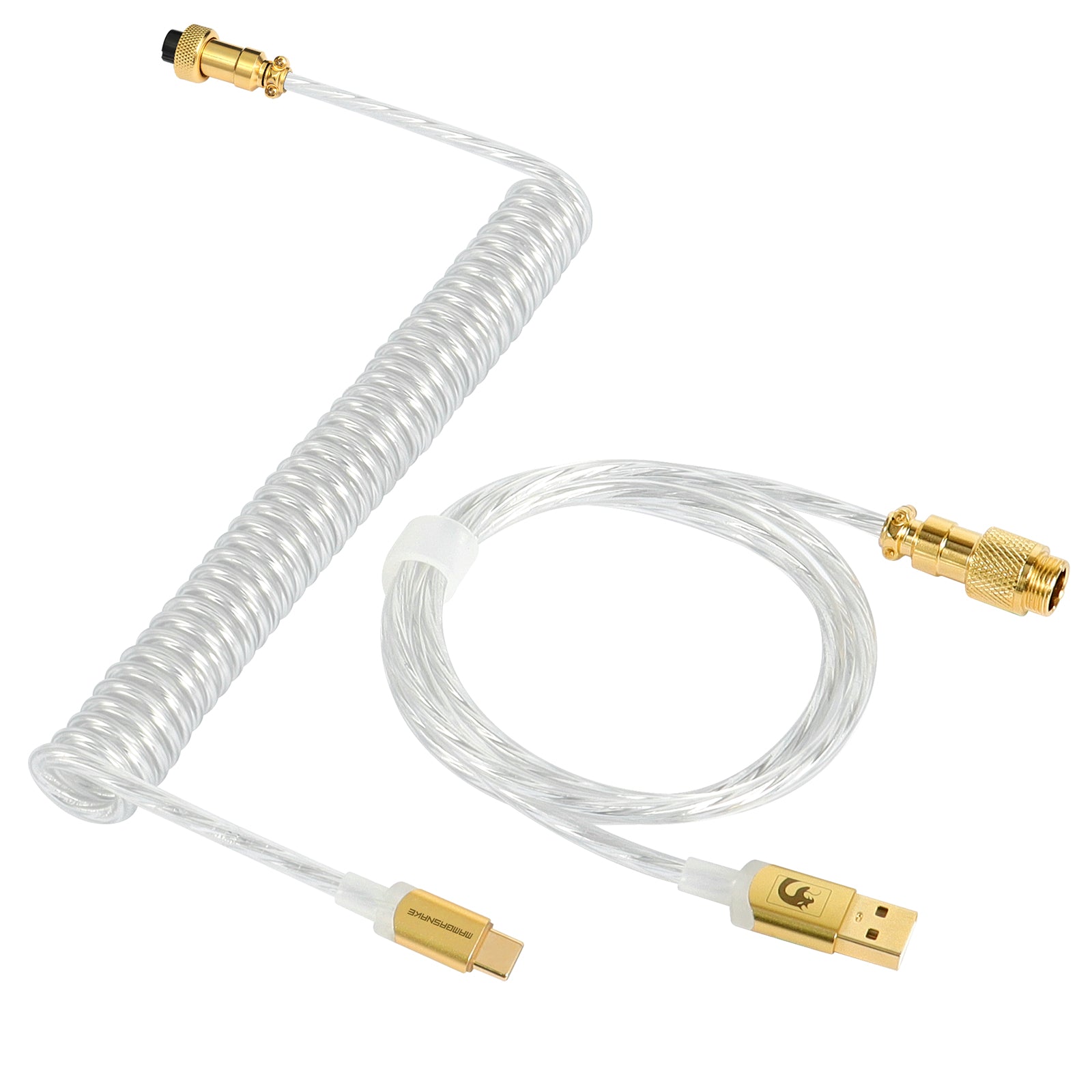 Transparent coiled USB-C to USB-A keyboard cable with gold-plated connectors