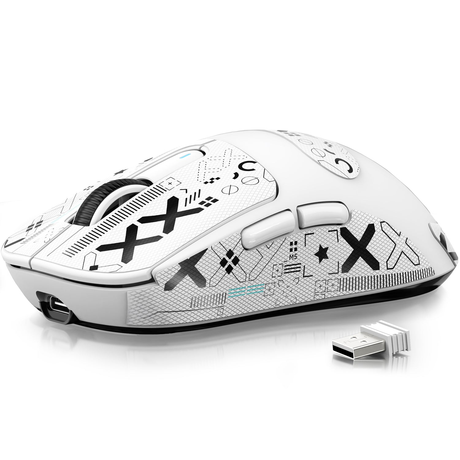 White Attack Shark X3 gaming mouse with grip tape and USB receiver.